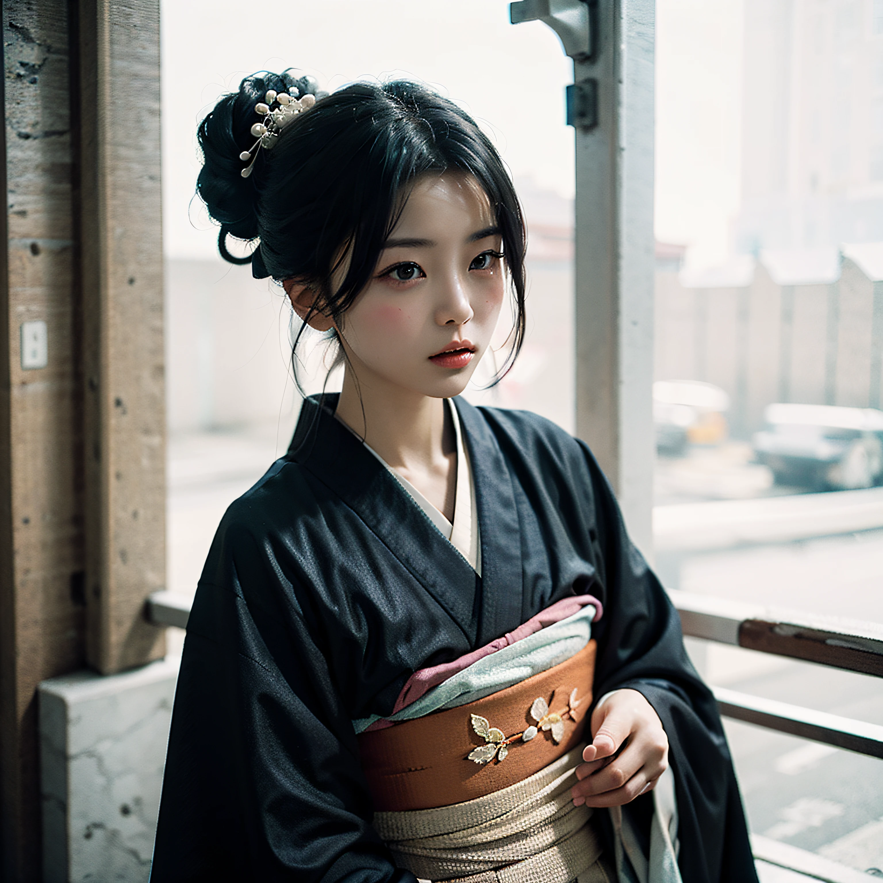 Street Snap、(Beautiful girl with black hair up in kimono)、Taisho Era、black-and-white、monochromes、Sepia-colored memories photo style that feels the times、Burnt feeling like an old photo、masterpiece、realisitic