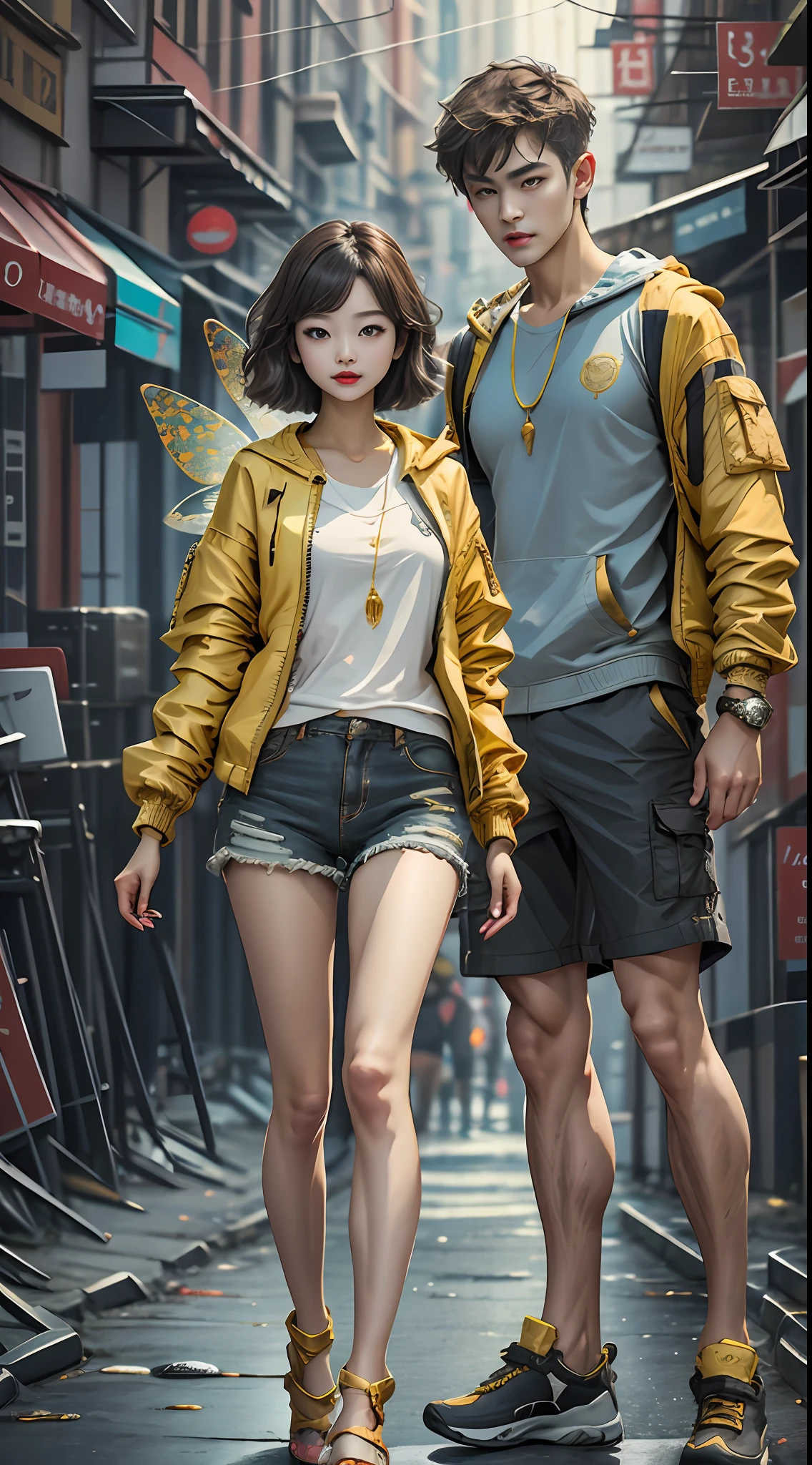boutique、top-quality、gold jewerly、(Slip-out feet)、Fairy skin、(fidelity:1.2)、is standing、ultra-detailliert、realisitic、hightquality、 Light、Ray Tracking、Ulutra HD、Upper body
Girl in shorts and jacket、Artwork in the style of Gwise