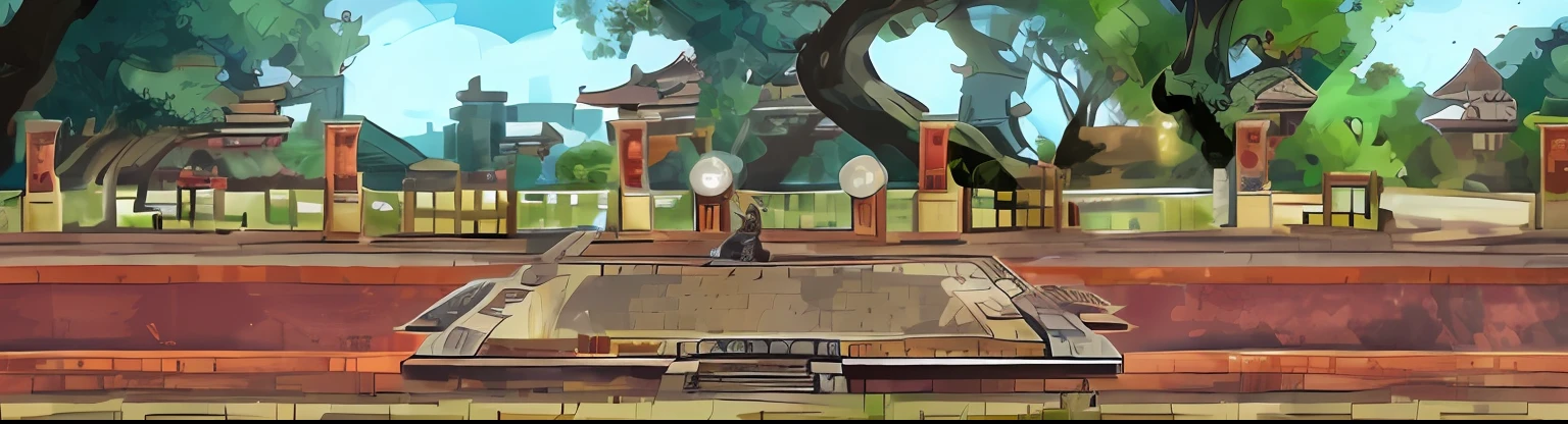 There is a cartoon picture of a park with a fountain, Temple background, arte de fundo, arena background, background artwork, background depicting a temple, palace background, odin's stone arena background, 2d game environment design, Mobile game background, Zen temple background, game background, royal garden background, volley court background, dance hall background, town center background