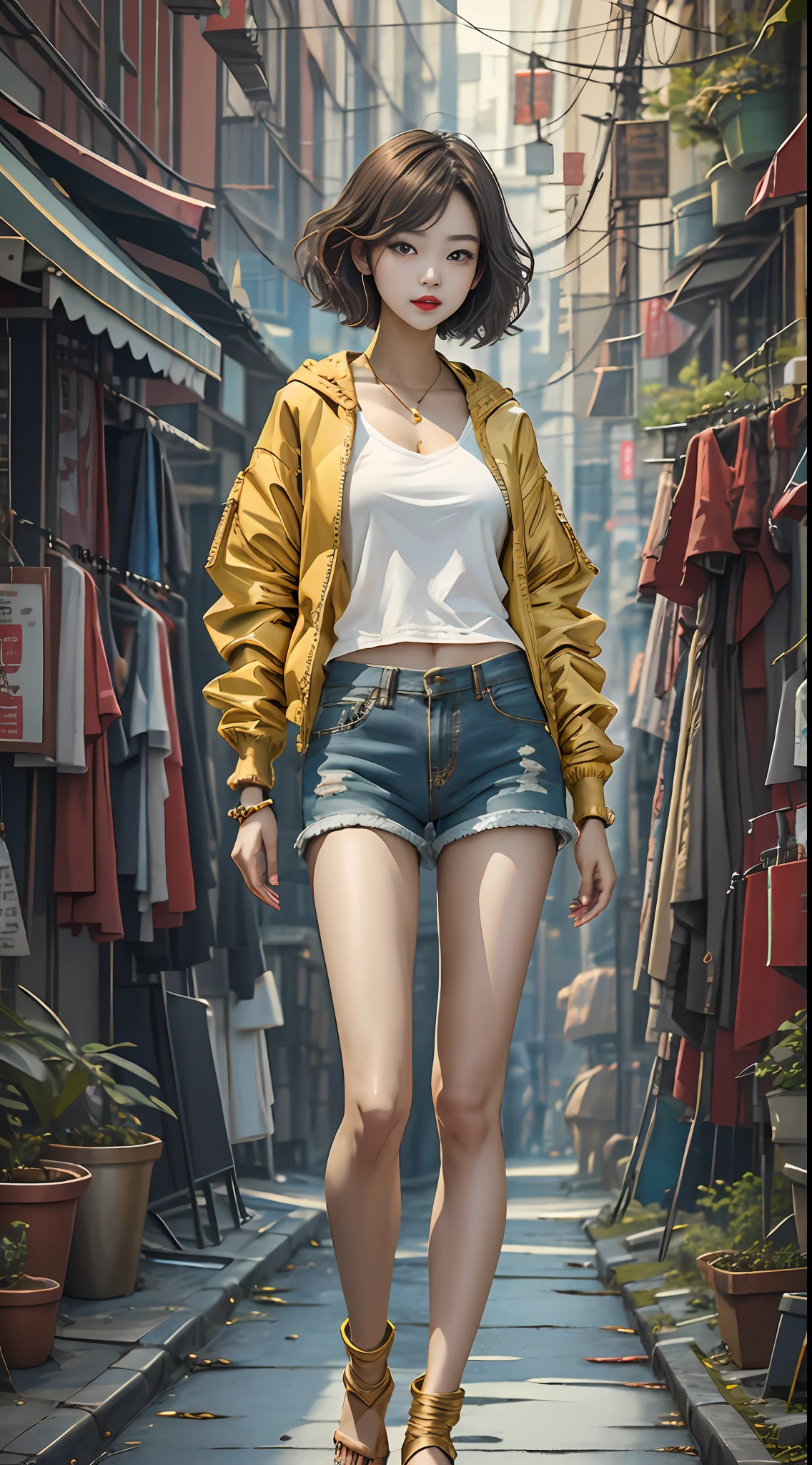 boutique、top-quality、gold jewerly、(Slip-out feet)、Fairy skin、(fidelity:1.2)、is standing、ultra-detailliert、realisitic、hightquality、Movie Light、Ray Tracking、Ulutra HD、Upper body
Girl in shorts and jacket、Artwork in the style of Gwise