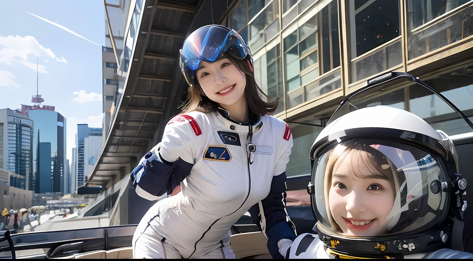 best quality, masterpiece, ultra high res, (photorealistic:1.4), RAW photo,cinematic lighting,(Perfect anatomy:1.5),(1 japanese girl:1.5),20 years old,big breasts,(detailed beautiful face:1.5),(real skin:1.5),slender,thin legs,(big eyes:1.2),(smiling:1.3),detailed clotes,(space suit,helmet:1.5),(Planet Neptune:1.2),(spaceship:1.5),(science fiction),(outer space),(background of small spaceplanes:1.5),