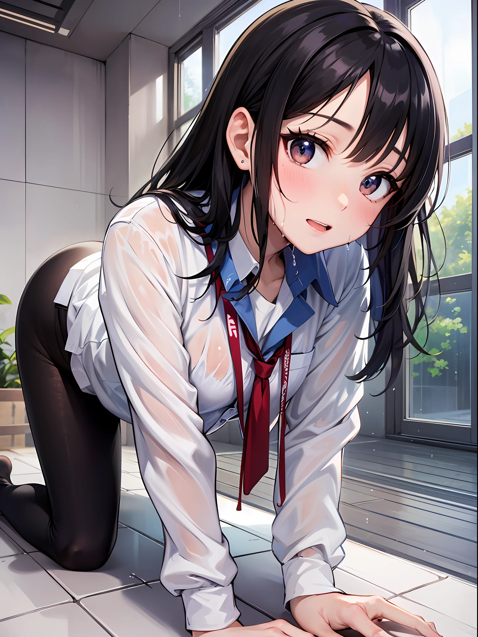 A Masterpiece, BEST QUALITY, Ultra High definition, Top Resolution, High detail、the anime, Wet Body, all on fours、Put your hands on the ground、Raise your buttocks high、Watching the Viewer、Angle from behind、Student uniforms, medium Hair, dark black hair,