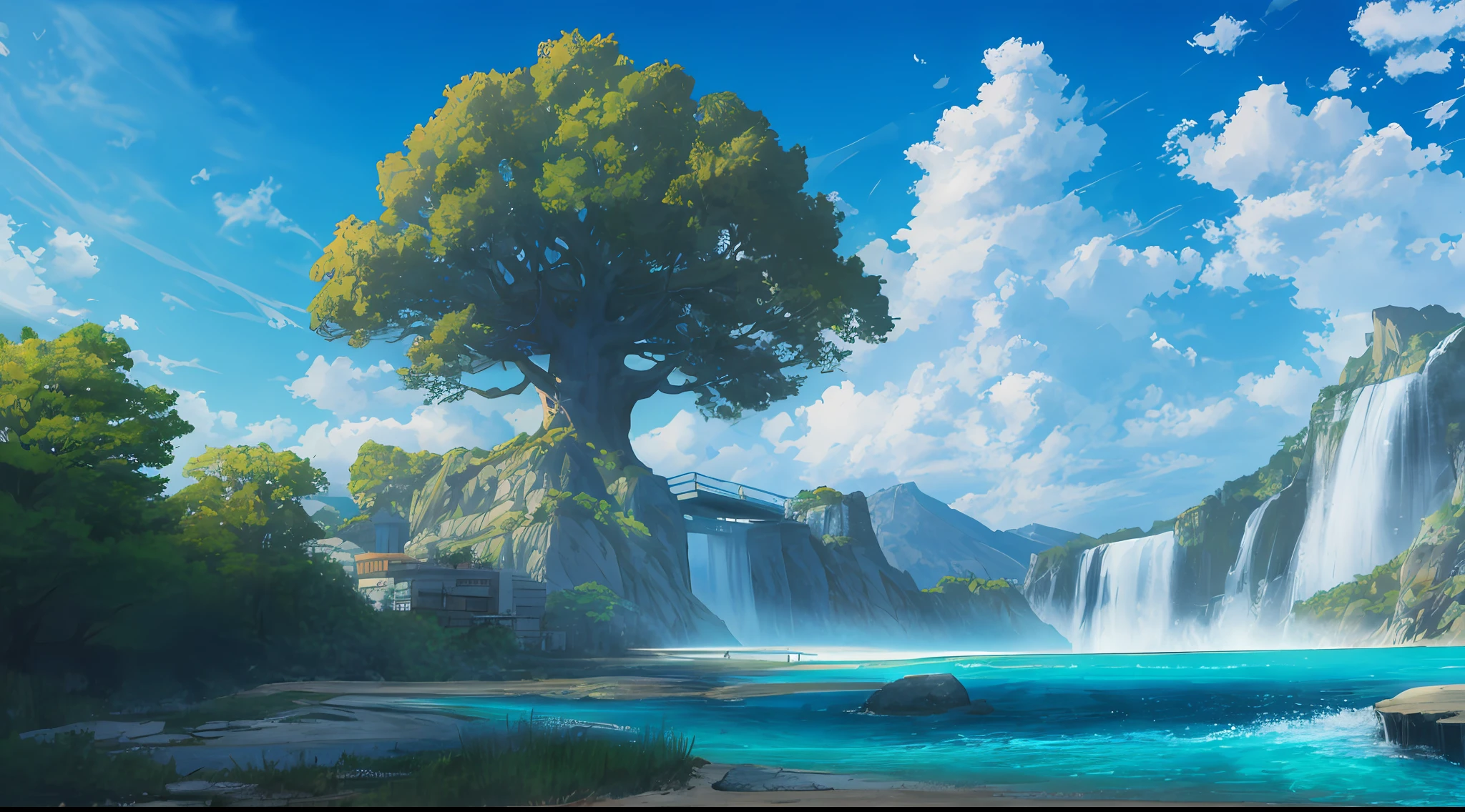 concept-art, No Man, scenery, water, sky, day, tree, Cloud, waterfallr, Outdoors, Building, Nature, River, Blue sky