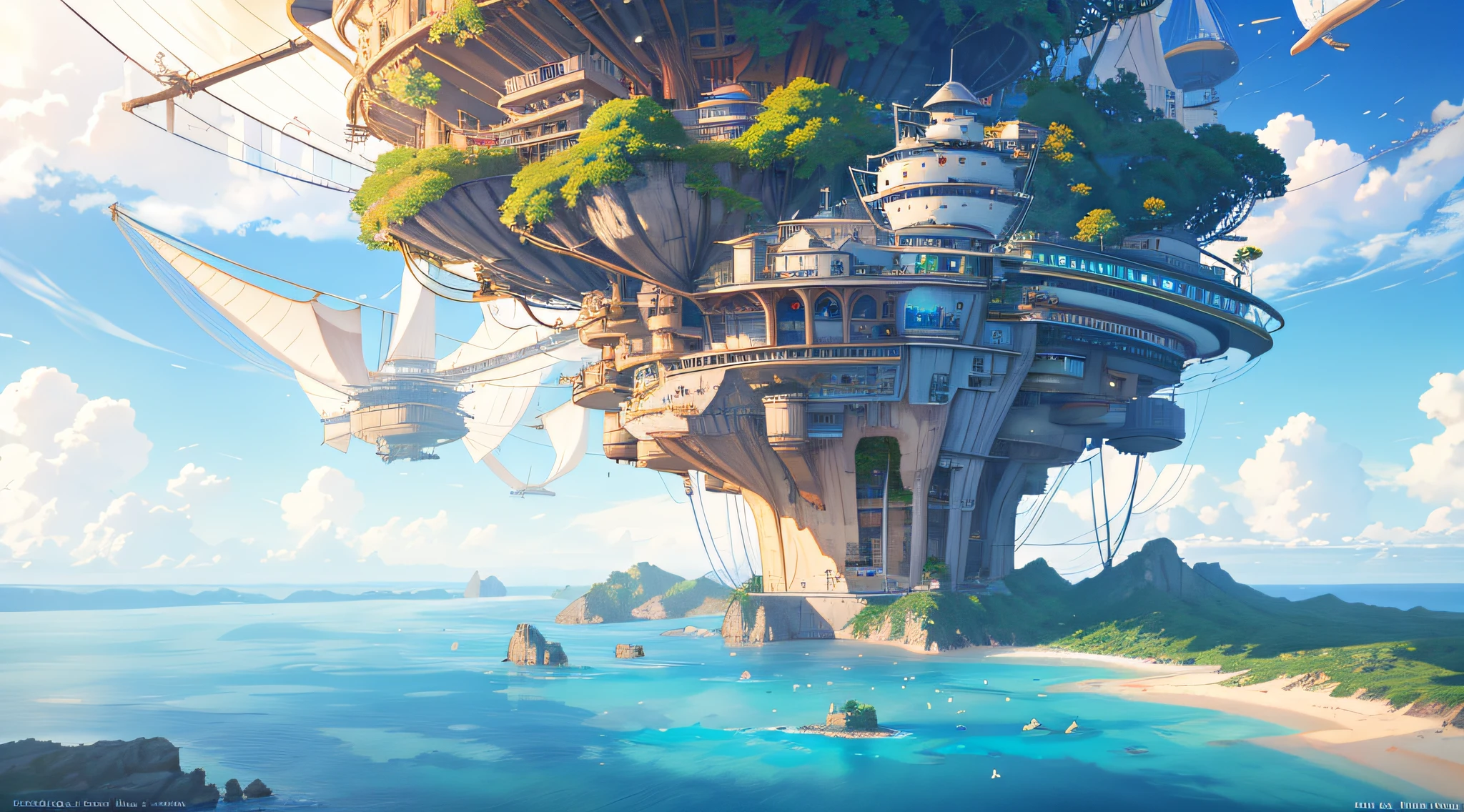 Many islands are suspended in the air with many small airships flying around, cities, fantasy, magical plants growing, extreme details, realistic light, epic composition, (complex details), (complex design, ultra-details :1.2), Art Station, (Masterpiece, Best Quality), Ultra HD, 32k --v 6