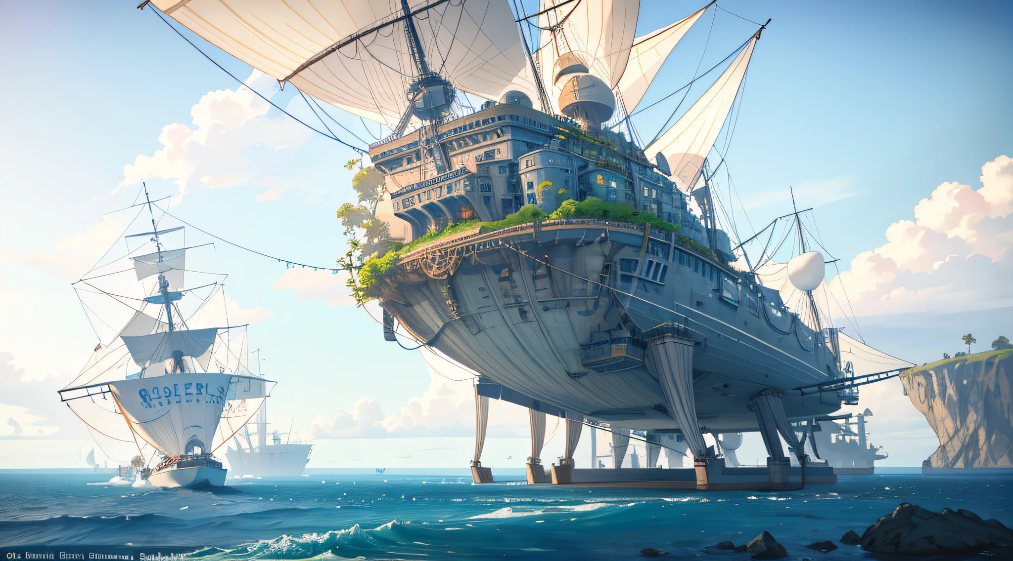 Many islands are suspended in the air with many small airships flying around, cities, fantasy, magical plants growing, extreme details, realistic light, epic composition, (complex details), (complex design, ultra-details :1.2), Art Station, (Masterpiece, Best Quality), Ultra HD, 32k --v 6