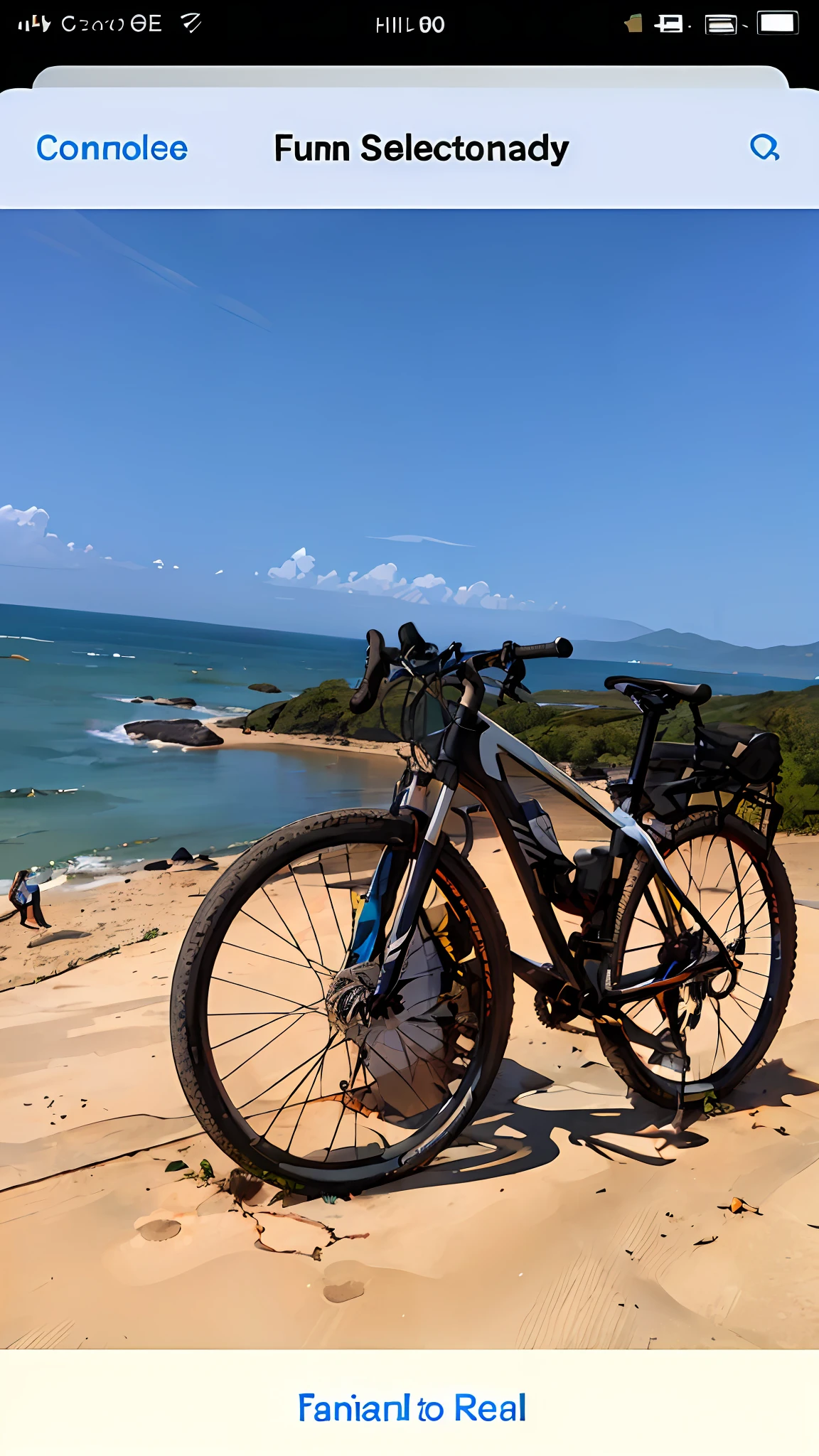 Desenho realista de bicicleta estacionada em uma praia com vista para o oceano, com uma cidade em segundo plano, Landscape of Australia, bicicleta no fundo, vista para milhas, Selvas ao fundo, com vista para o oceano, in a scenic background, em um penhasco, com a terra ao fundo, Belas vistas, com vista para a praia, great view, O oceano ao fundo