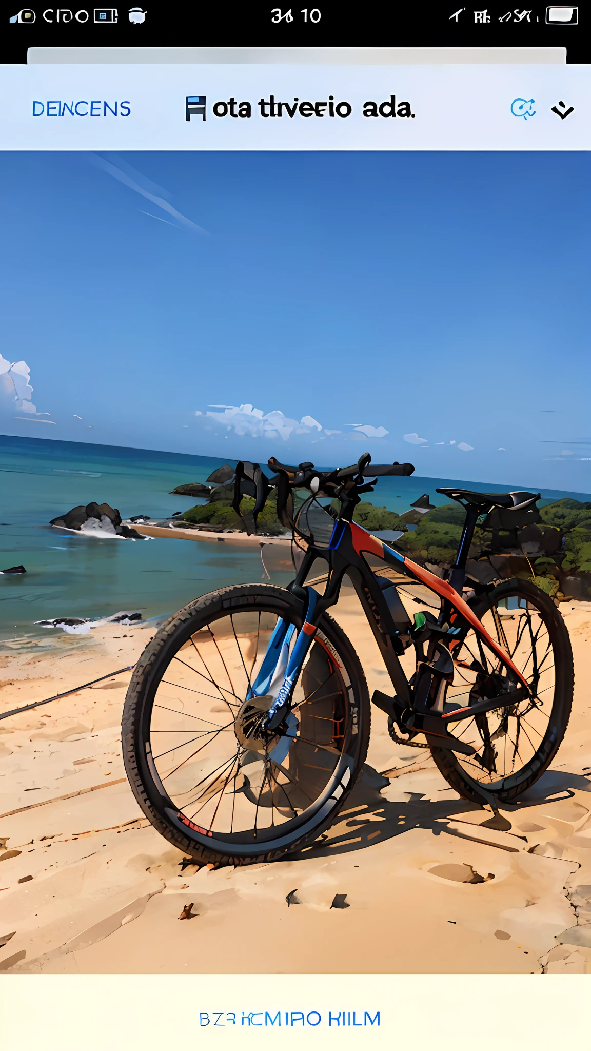 Desenho realista de bicicleta estacionada em uma praia com vista para o oceano, com uma cidade em segundo plano, Landscape of Australia, bicicleta no fundo, vista para milhas, Selvas ao fundo, com vista para o oceano, in a scenic background, em um penhasco, com a terra ao fundo, Belas vistas, com vista para a praia, great view, O oceano ao fundo