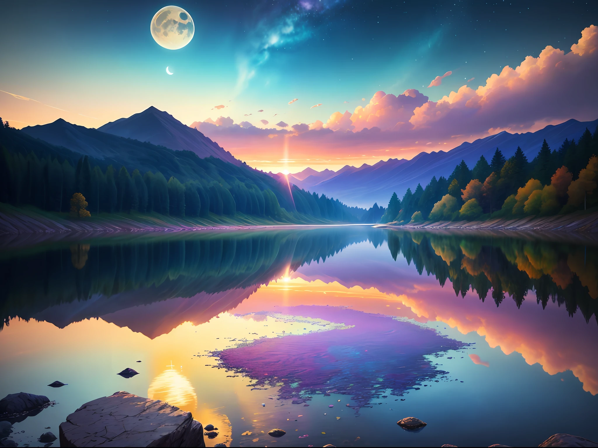 tmasterpiece，8k wallpaper，The is very detailed，The best quality，High quality，scenecy。（（Colorful sky））， ​​clouds， （（moon full， Nebula and background stars）））， （High hills）， in a panoramic view， with the sky full of stars，Color fantasy，There are no buildings，Wide-angle arc sky， Detail Enhancement， Detail Enhancement， flawless perfection.Award-winning photography， depth of fields， HDR， Forcing Allah righteousness， highly  detailed， 复杂， high detal， dramatics， （colorful image））， （（Single image））， natta， photorealestic， （（vivd colour））， （（llight rays， llight rays））， Mini River， The image is reflected in the water，