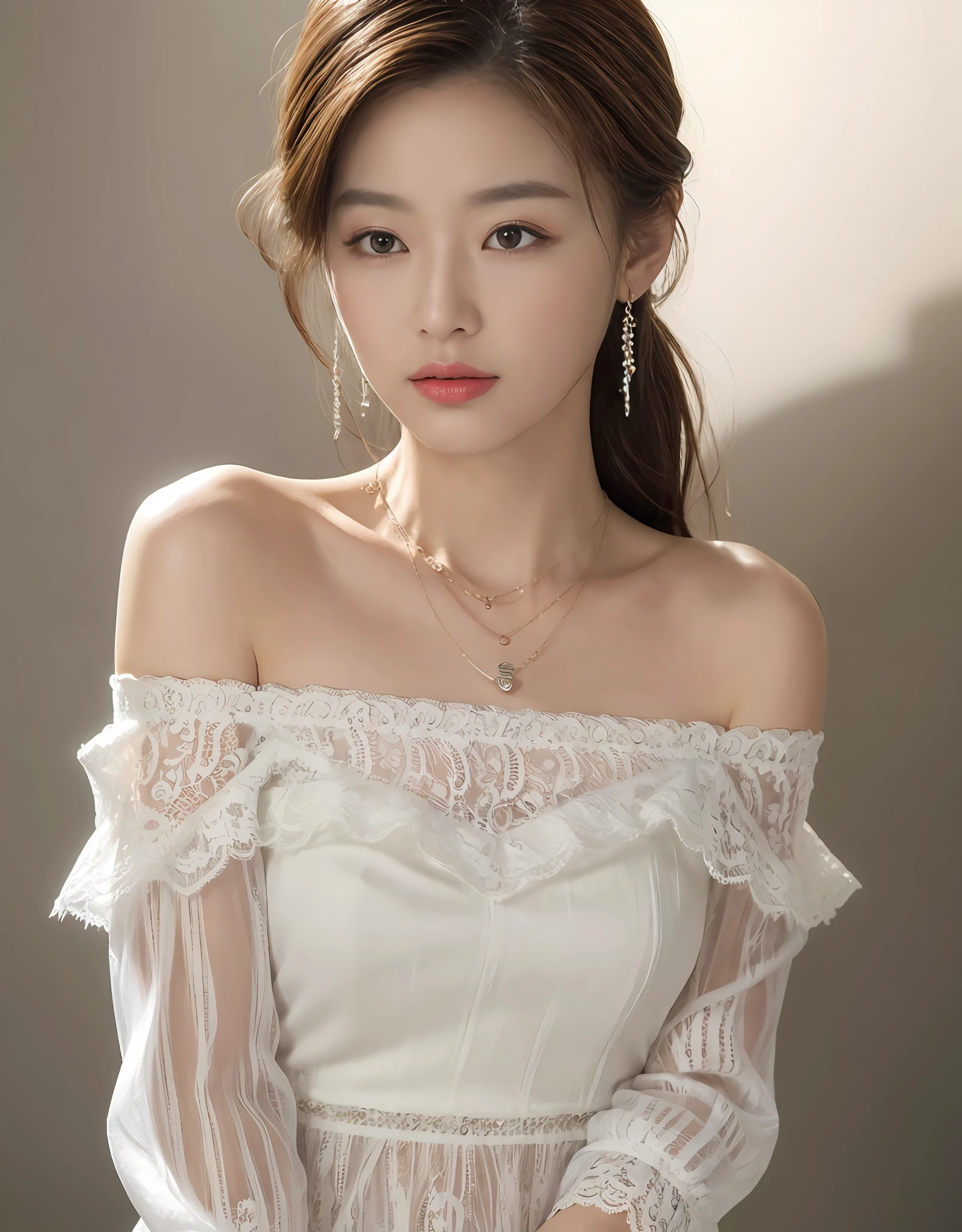 8K, Masterpiece, Best quality, Realistic,Attractive female necklace with lace necklace, Off-the-shoulder white shirt, Against a neutral background