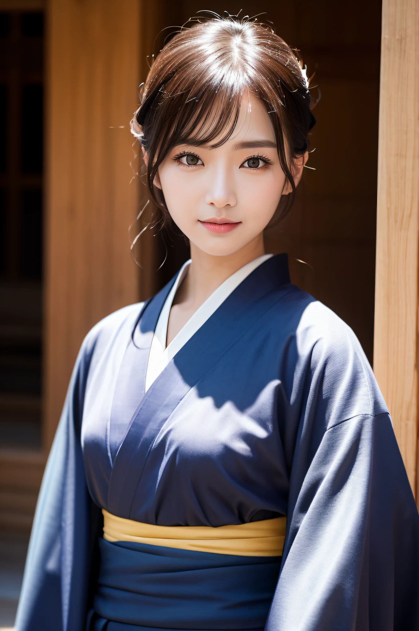 ((top-quality、8k masterpieces:1.3))、foco nítido:1.2、(ultra beautiful faces:1.0)、(Slender Abs Beauty:1.0)、(shinny skin:1.0)、photos realistic、A dark-haired、Video Lighting、High-definition eyes and face、Video Lighting、(cowboy shot:1.3)、(Kimono、Hakama、Obi:1.4)、(Korean Cute Actress)、Traditional kimono、from the front side、medium large breasts、A slight smile