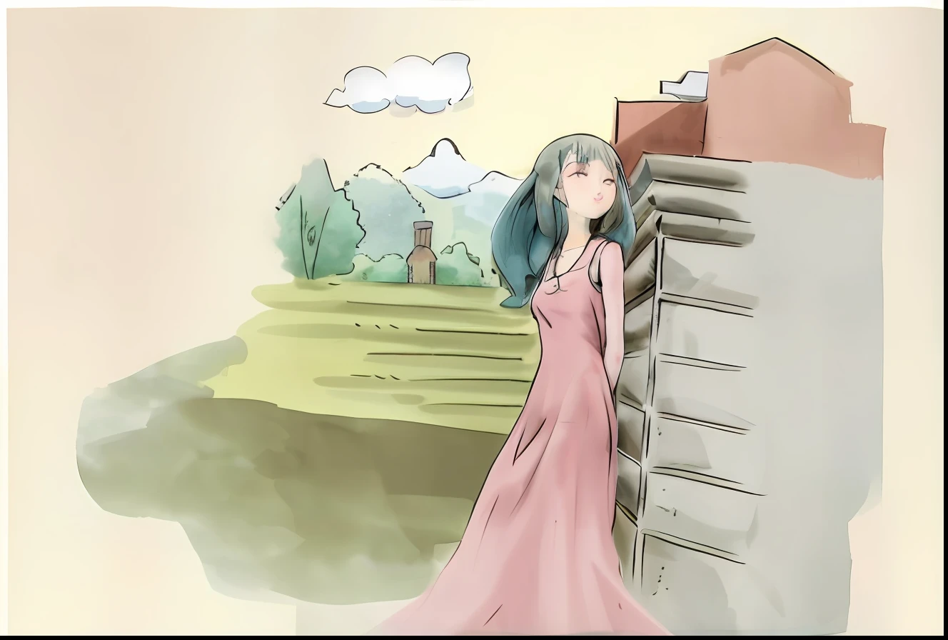 Caricature of a woman in a pink dress standing in front of a tall building, blurry and dreamy illustration, blurry and dreamy illustration, loli in dress, illustration!, girl in a dress, On a sunny day, ancient ruins behind her, aquarelle, Soft anime illustration, dreamlike illustration, in an anime style, colored screentone, In anime style, urban girl fanart --auto