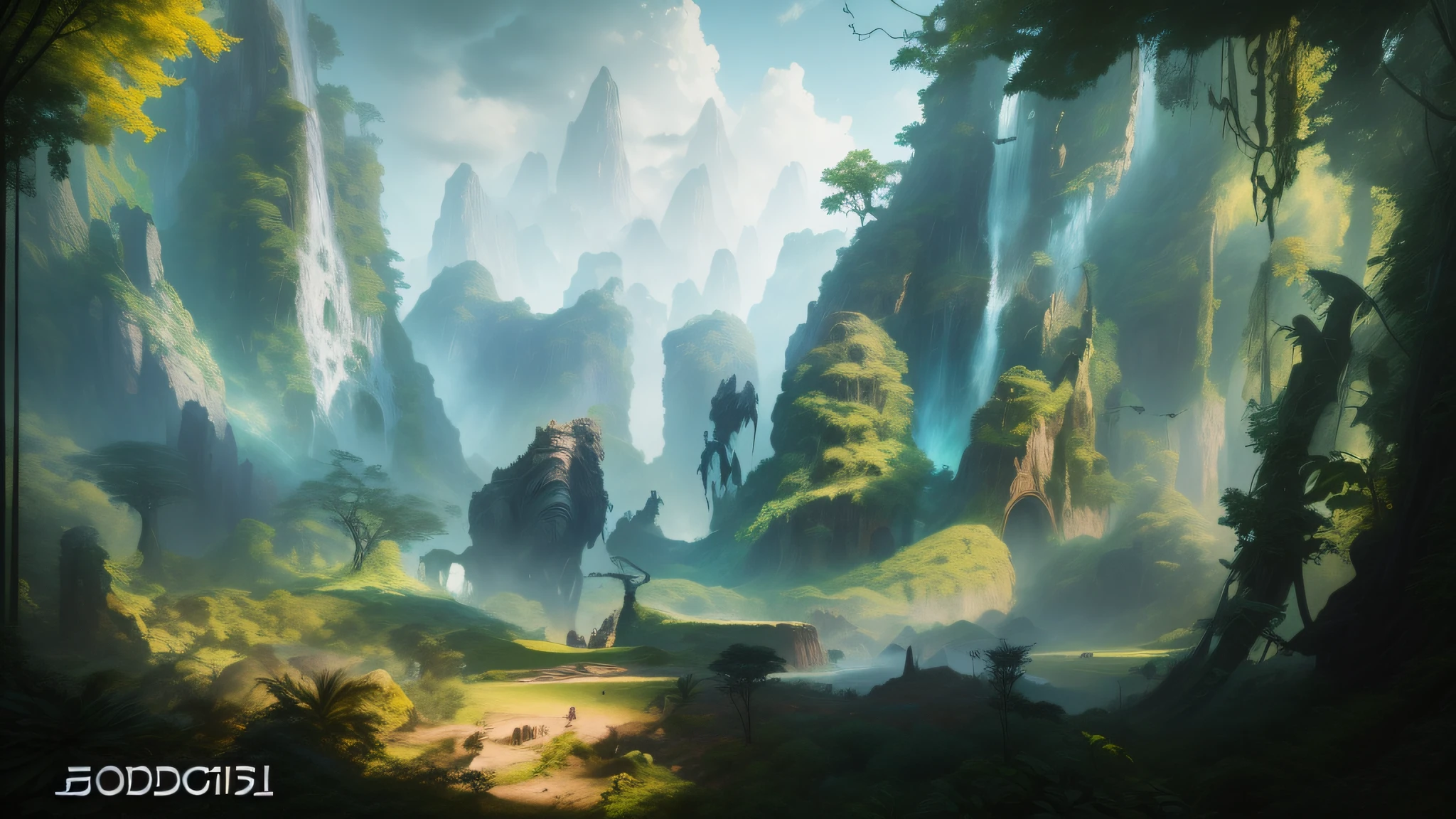 there is a painting of a giant statue in the middle of a forest, 3 d render and matte painting, avatar landscape, 4k highly detailed digital art, fantasy epic digital art, 4k fantasy art, detailed fantasy digital art, fantasy art landscape, fantasy scenic, fantasy matte painting,cute, fantasy jungle, realistic fantasy render, ancient alien jungle, wide angle fantasy art
