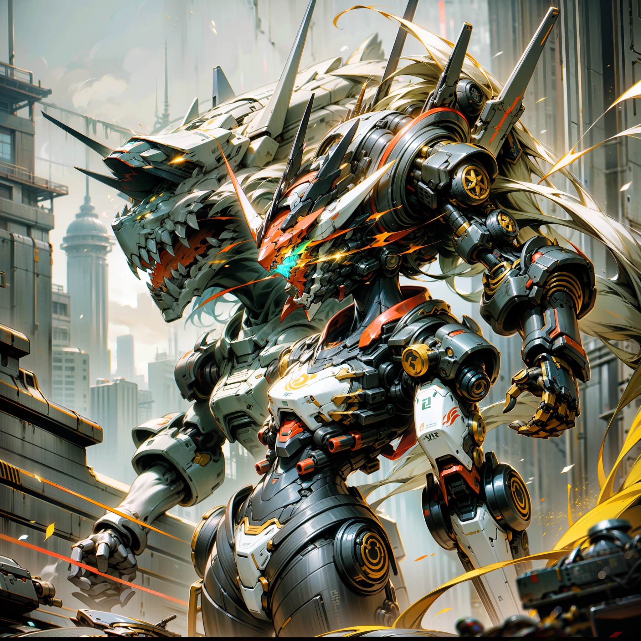 with light glowing，Reflective，（Tall mech：1.6），Amber gradient，（Use the plasma sword：1.3），There is a dragon particle effect，（taichi，Chinese Yin and Yang Bagua Five Elements：1.2），Machine armour wind，mechanical sense，sense of strength，Sense of space，combats，The prominent structure is reasonable，4K，High quality，Masterpieces，（of a real：1.4），drak，chinesedragon，Dark_fantasy,Cyberpunk,(Red:1.1),1人,Mechanical Wonder,Robotic presence,cybernetic guardians,wearing a worn-out mech suit，iintricate，（Steel metal[rusted]），ellegance，Clear focus，Photo by Greg Rutkowski，gentlesoftlighting，vivd colour，Dragon Man