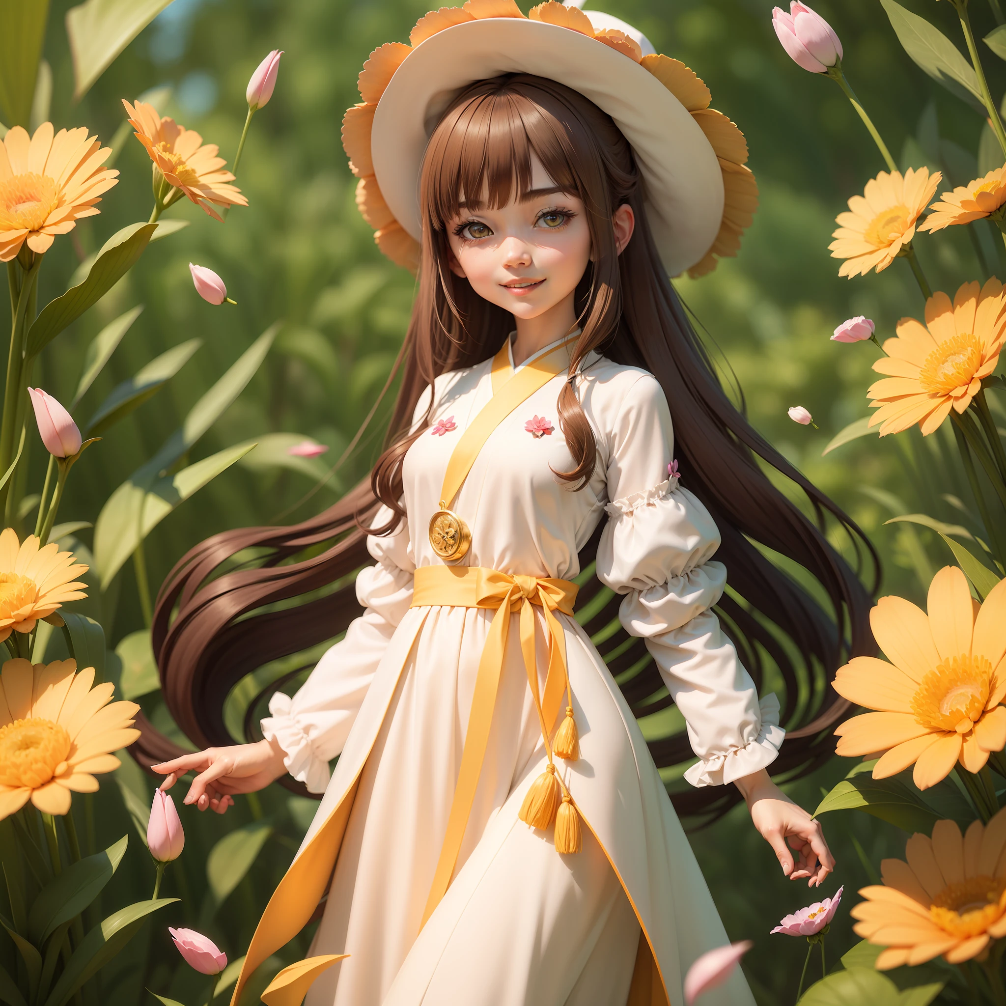 1girl，独奏，Brown hair，Float long hair and smile，By bangs，Long skirt，The shirt，longer sleeves，Hats，shift dresses，Bow knot，holding，closed_mouth，florals，frilld，hair_flower，petals，flower bouquet，holding_flower , center_frills, bonnet, holding_bouquet, tachi-e, full bodyesbian, white backgrounid,