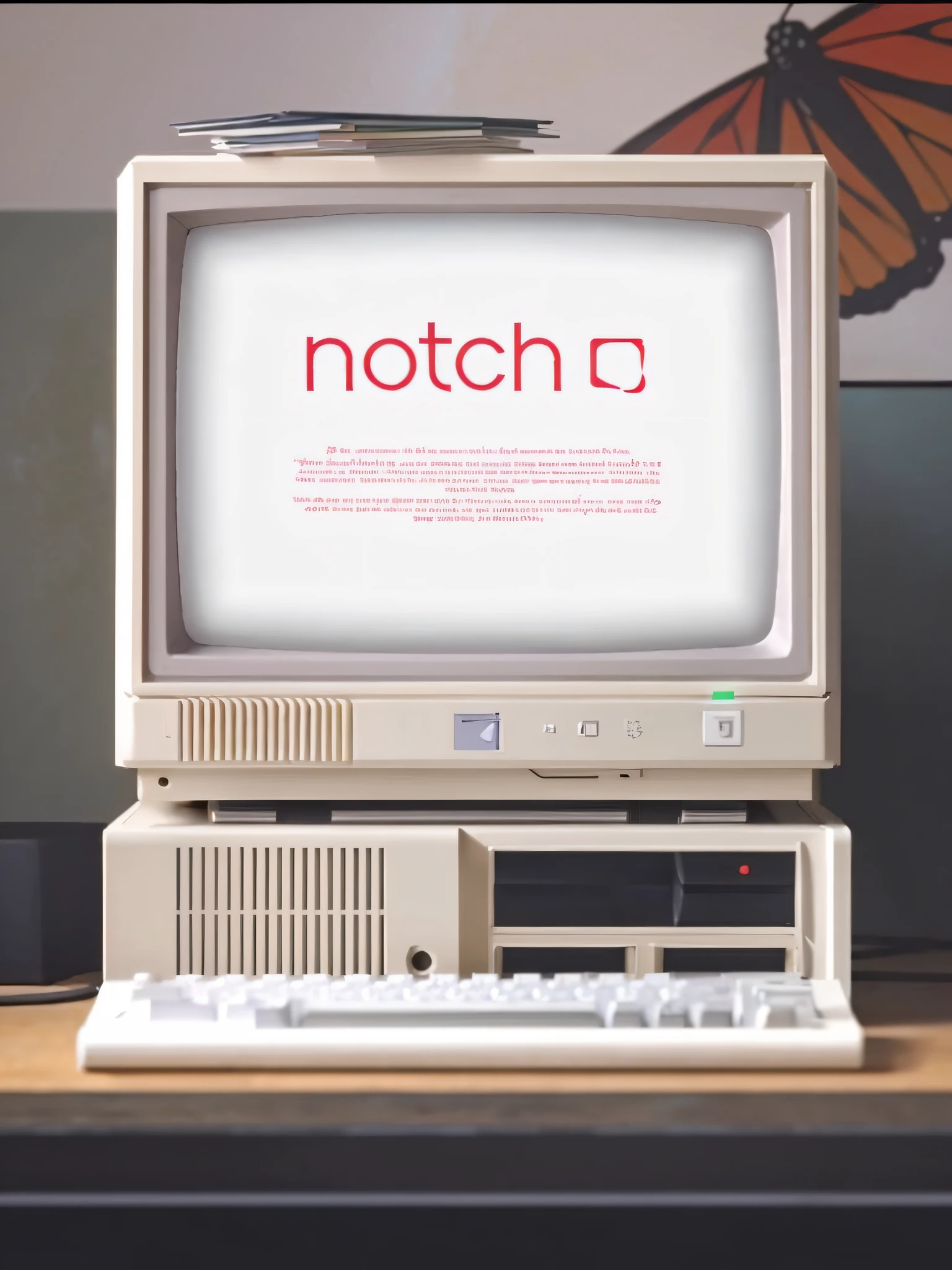 There is a small computer with a butterfly on the screen, Atlach-Nacha, Computer aesthetics, 1 9 8 0 s tech, Vintage computer graphics card, nodachi, morph dna, promo art, promotional material, 1 9 8 0 s computer, Official artwork, computer made out of human flesh, noisy and glitched, Macintogar