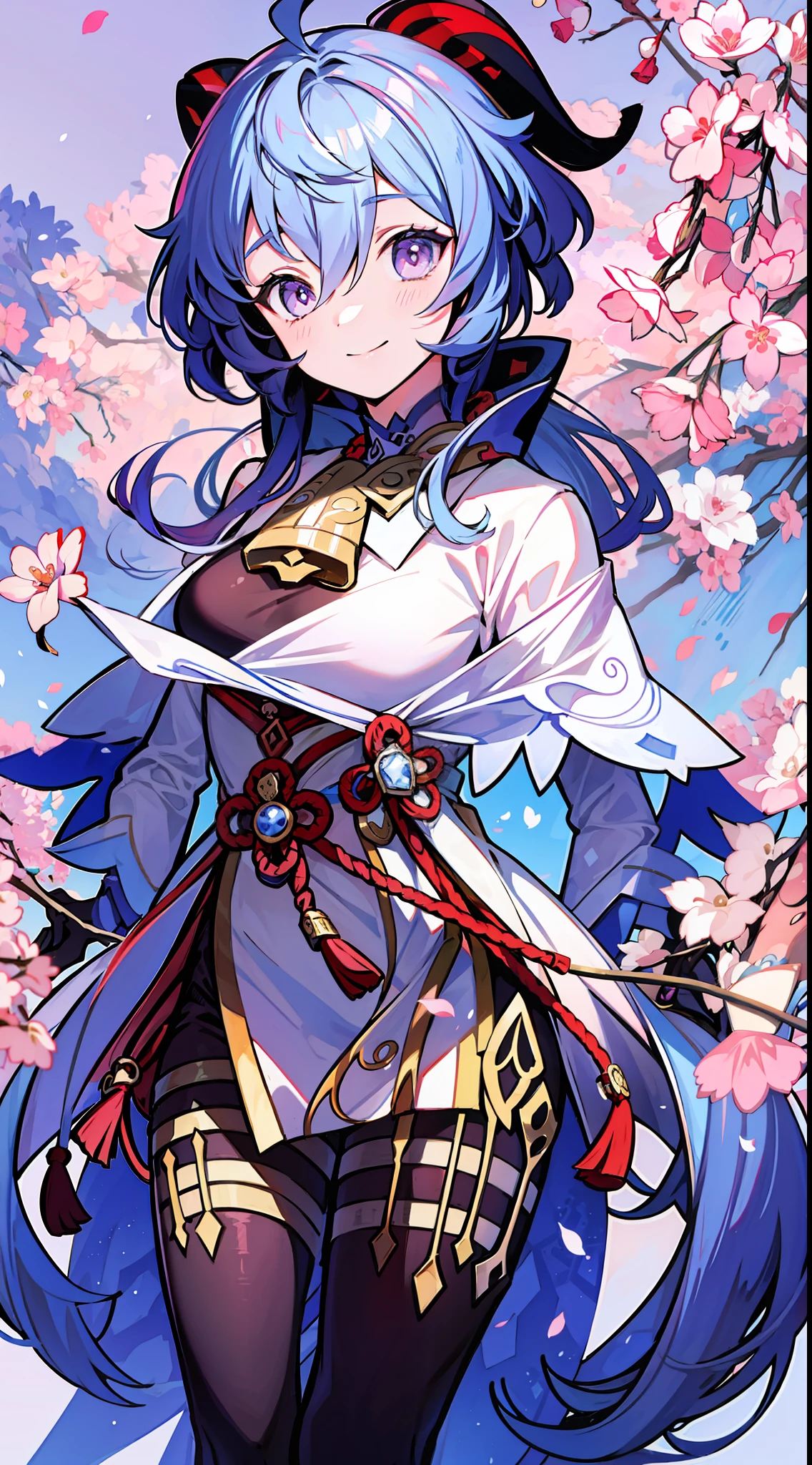 The influence of Ganyu in Genshin,Pure pink premium manga background，Slim figure，ssmile，Purple shawl，Above the sky，Comic cover style