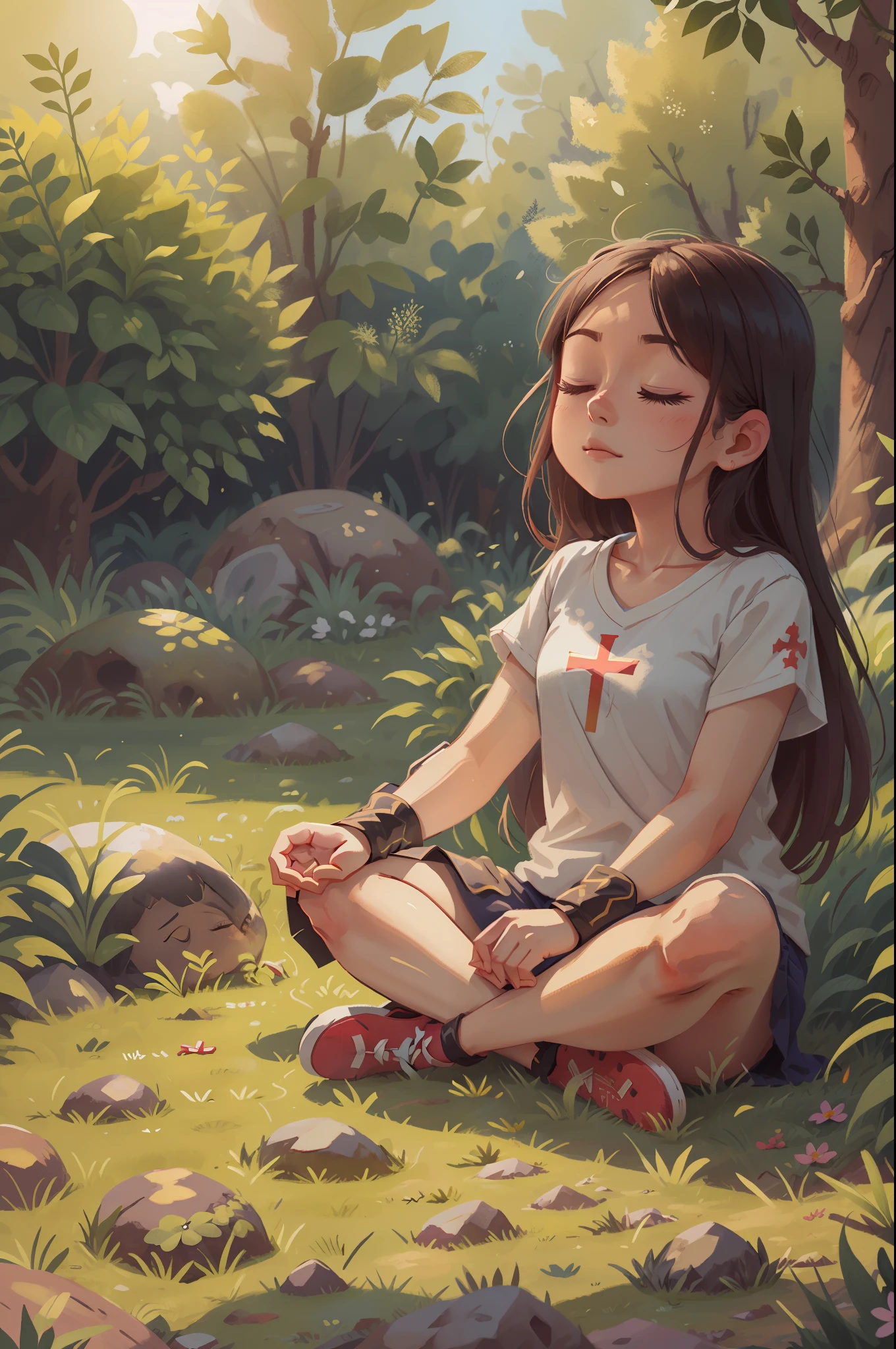 A girl sits cross-legged on the grass meditating with her eyes closed,The sun was shining on her