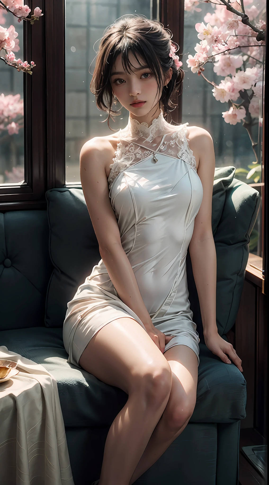 Decorated with intricate patterns and bright colors、Flowing silky traditional see-through skin light color、Artistic depiction of seductive woman in sheer white dress with white see-through and lace gown skin。Her dress draped elegantly around her curvaceous figure、Emphasizes her charming silhouette。She stands gracefully in a gentle moonlit night、bathed in the soft glow of moonlight。The scene is、With a hint of mystery and sensuality、It exudes an ethereal dreamy atmosphere。The image style is、Incorporates a blend of watercolor and digital illustration techniques.、It makes you feel delicate beauty and charm。Soft moonlit lighting、Cast gentle highlights and shadows on her mesmerizing features。Sit in a very luxurious upholstered chair、The hand is somewhere、see -through、show through、A sexy、Wet hair、Wet、Hands are lips、Hair color is lilac and white、Light brown、cherryblossom、Sakura blizzard、Buried in the cherry blossoms、. Hanazawa、holding flower bouquet、Flower side、Sit in a luxuriously decorated chair、cross one's legs、