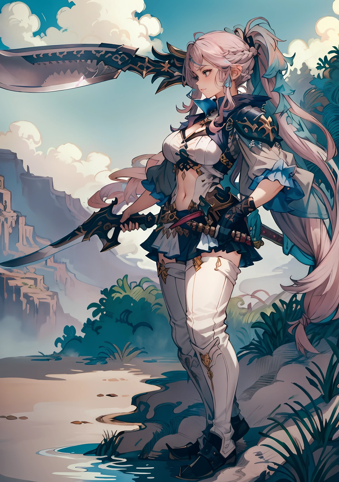 masterpiece, best quality, 1woman, (((weapon master))), intricate Heather Gray outfit, intricate background, very long hair, Bubblegum Pink hair, waterfall braid, Sky Blue eyes, swamp, sfw