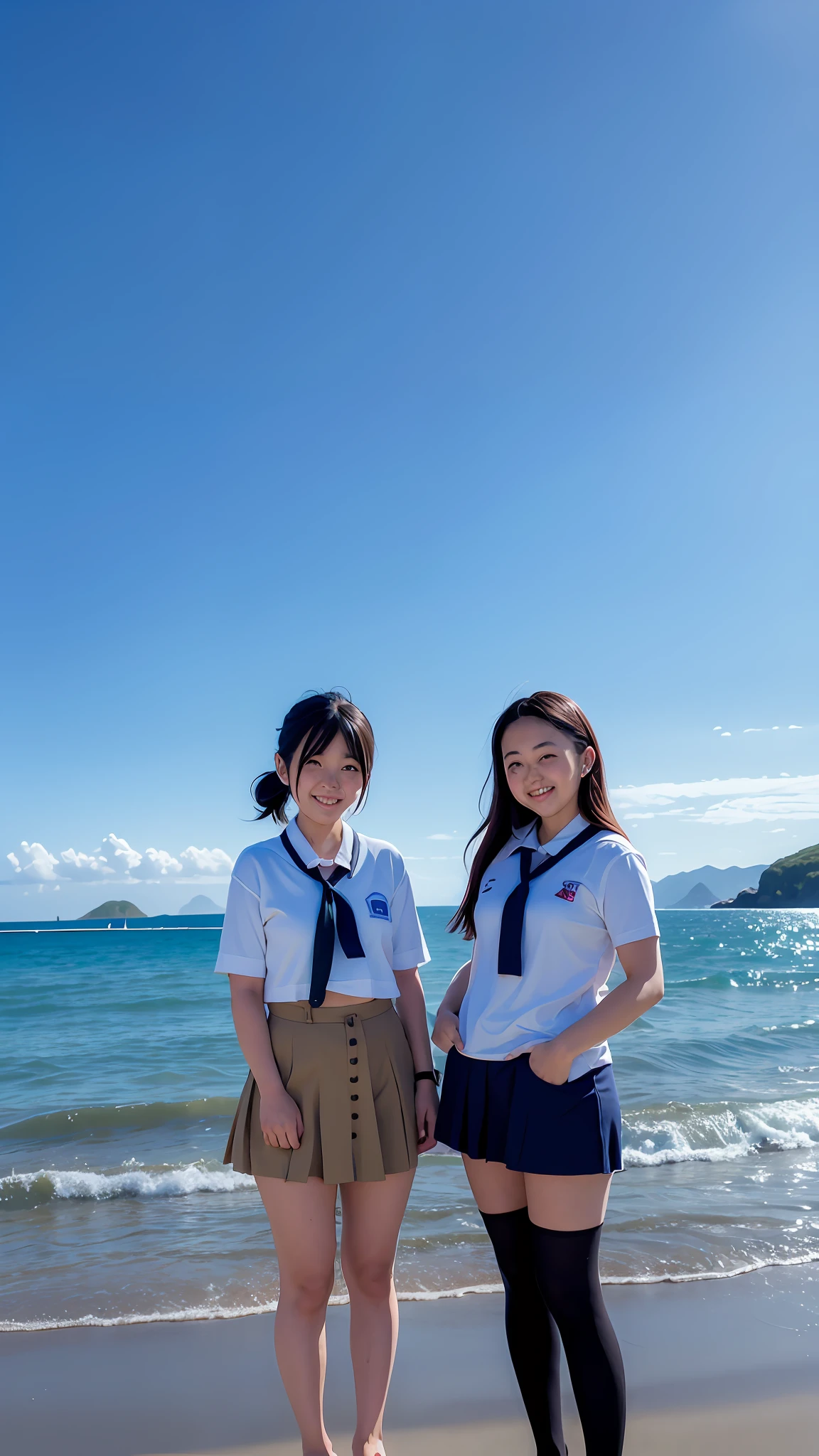 Two women in school uniforms stand on a beach by the sea, two japanese schoolgirls posing, ulzzangs, Two girls, standing at the beach, in the beach, the ocean in the background, japanese girl school uniform, wearing a Japanese school uniform, posing on a beach with the ocean, Have by the sea, Tumblr, in school uniform, Standing near the beach