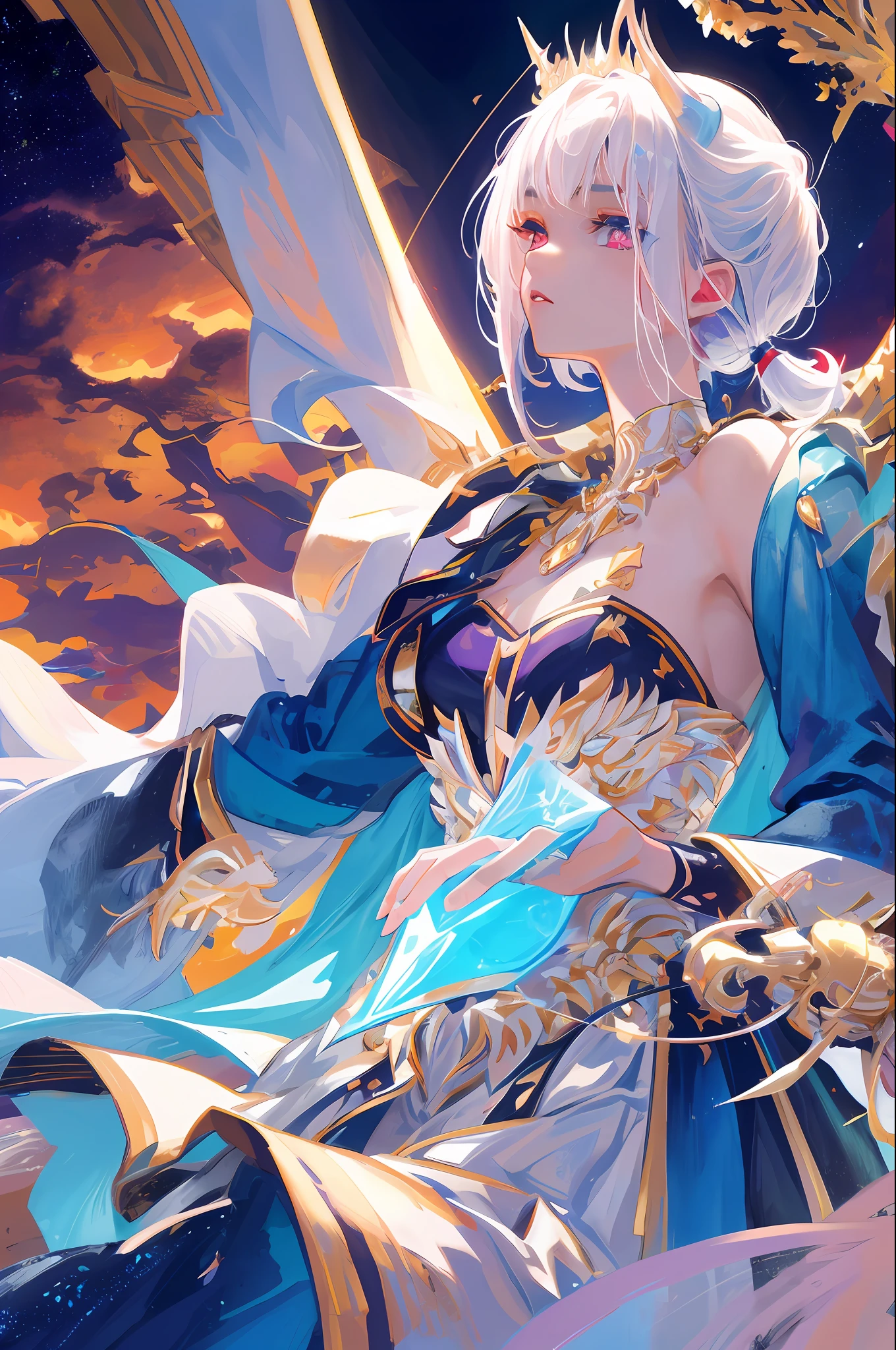 tmasterpiece,best qualtiy,hyperdetailed illustration,Extremely refined and beautiful, Angle,beatiful detailed eyes,Detailed light,cinmatic lighting,Beautifully detailed sky,with short white hair,Blue and red eyes,high ponytails,glowing light eyes,themoon,rays of moonlight,starrysky,Cat ears,xenoblade,grown woman,short detailed hair,1girl