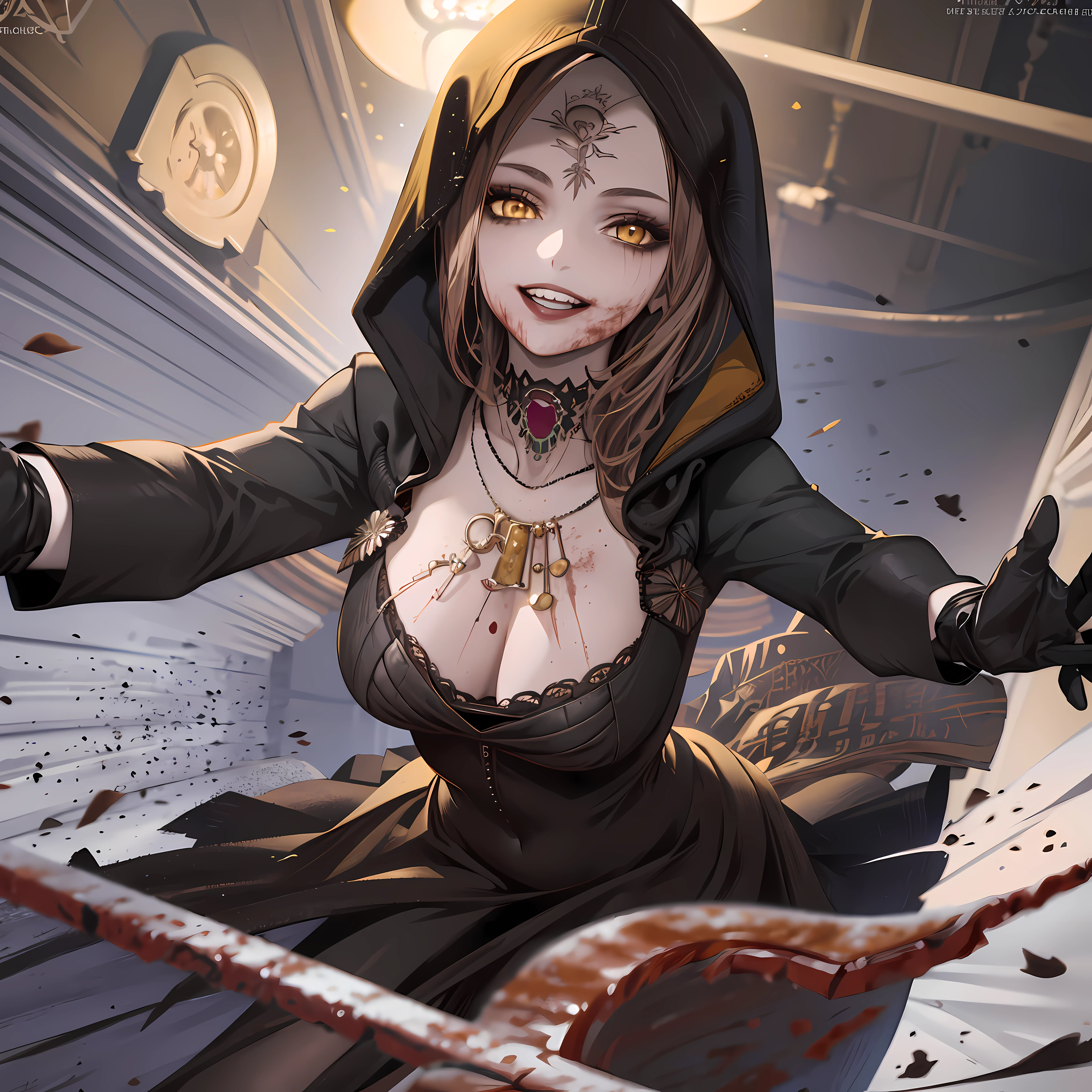 masterpiece, best quality, DanielaV4, 1girl, 3d render, solo, breasts, brown hair, smile, teeth, yellow eyes, looking at viewer, dress, black dress, large breasts, gloves, cleavage, jewelry, hood, necklace, blood, makeup, face closeup, ultra detailed face