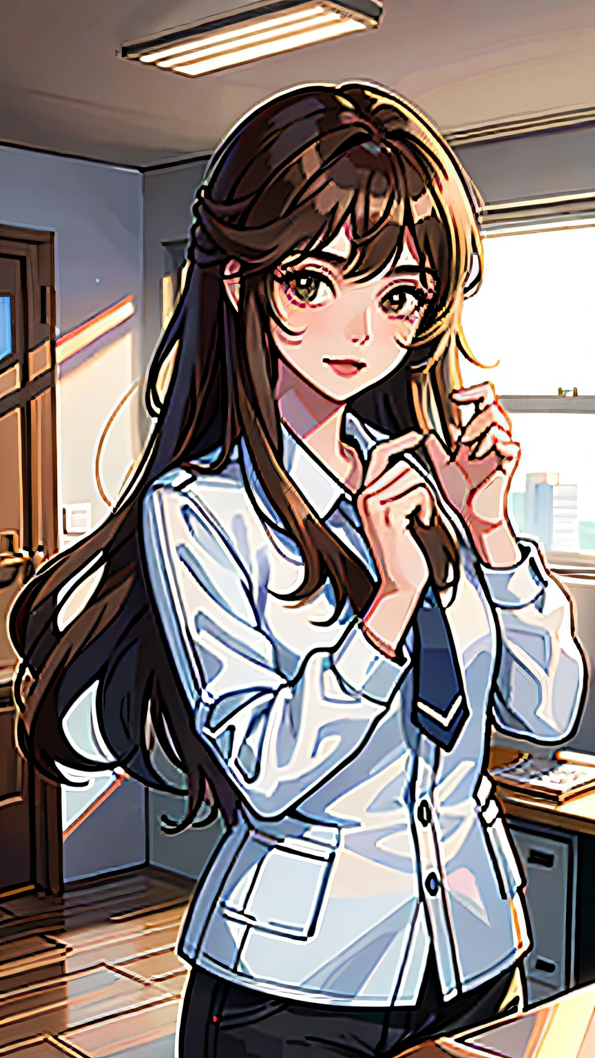 (tmasterpiece,best qualtiy:1.2),1girll,looking at viewert,(,(cinematic ligh:1.4),brown wavy hair,(shiny skins,Bright Skin:1.2),inside in room,office room,