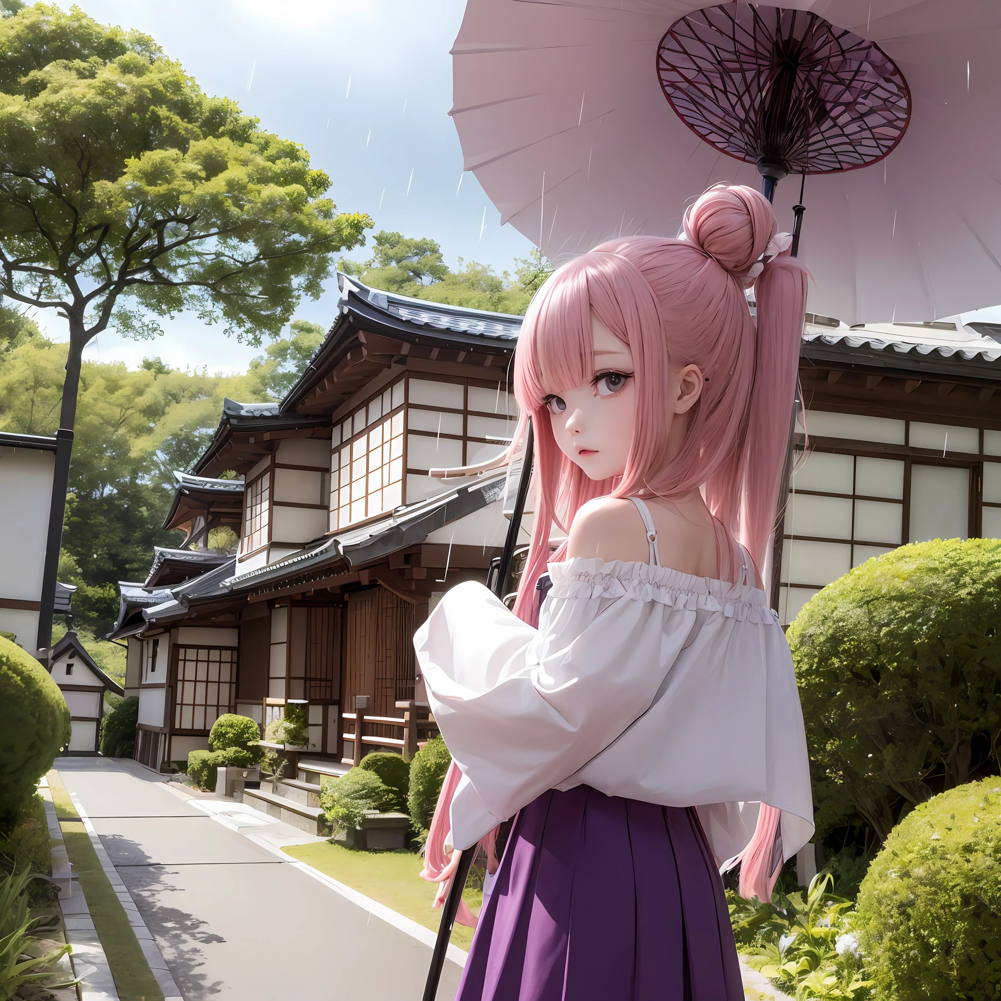 The upper part of the body、女の子1人、A pink-haired、Bun hair、mansion、Purple Eye、short pink flared skirt、off shoulders、Holding a parasol、Japan anime-style odd-eye, rain falling