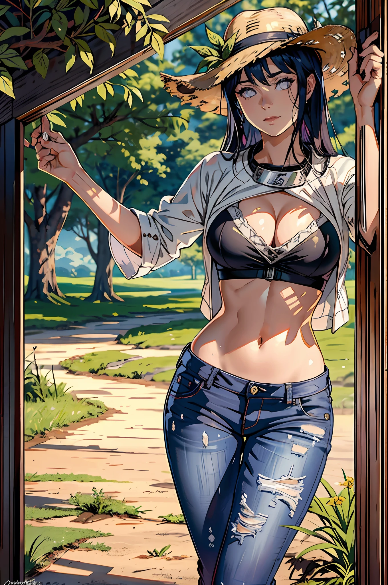 Hinata Hyuga, muito sensual, com roupas country, brasileira, farm in the interior of São Paulo, dancing country, rebolando, bunda grande, pernas grossas, wearing a pair of jeans, usando camisa xadrez, umbigo com pirsing, usando uma bota, cabelo grande, wearing a hat, fivela no cinto, cavalos e bois no fundo, muito realista, extremamente sexy, 8k, 8k extremamente detalhado), (um extremamente delicado e bonito), (obra-prima), (melhor qualidade: 1.0), (ultra highres:1.0)