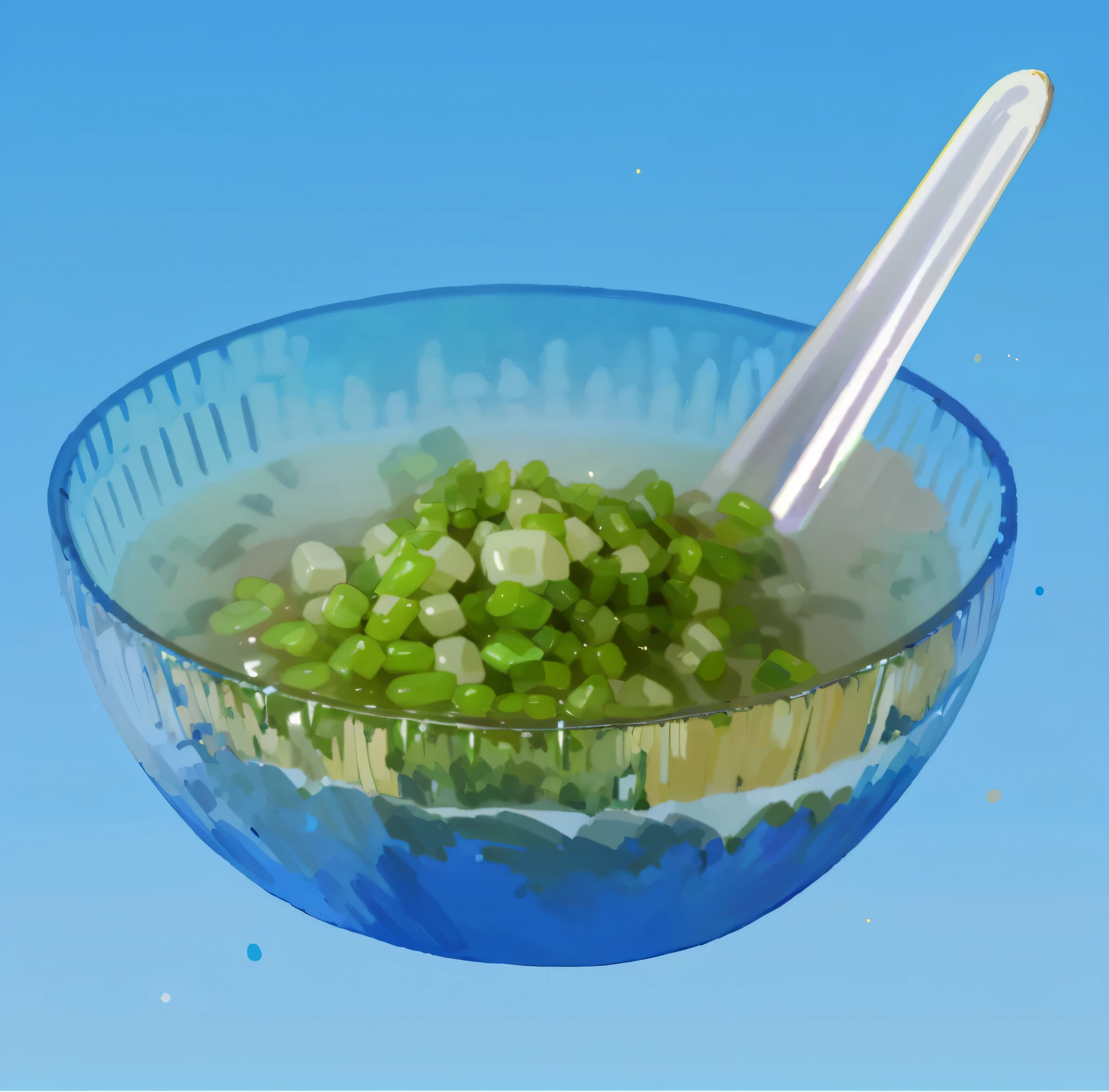 photorealestic,Realiy,Beautiful and amazing oil painting,blue backdrop,Transparent bowl,by Ghibli Studio,Miyazaki,icey,Mung bean soup,water,Illustration style,Beautiful illustrations --v6