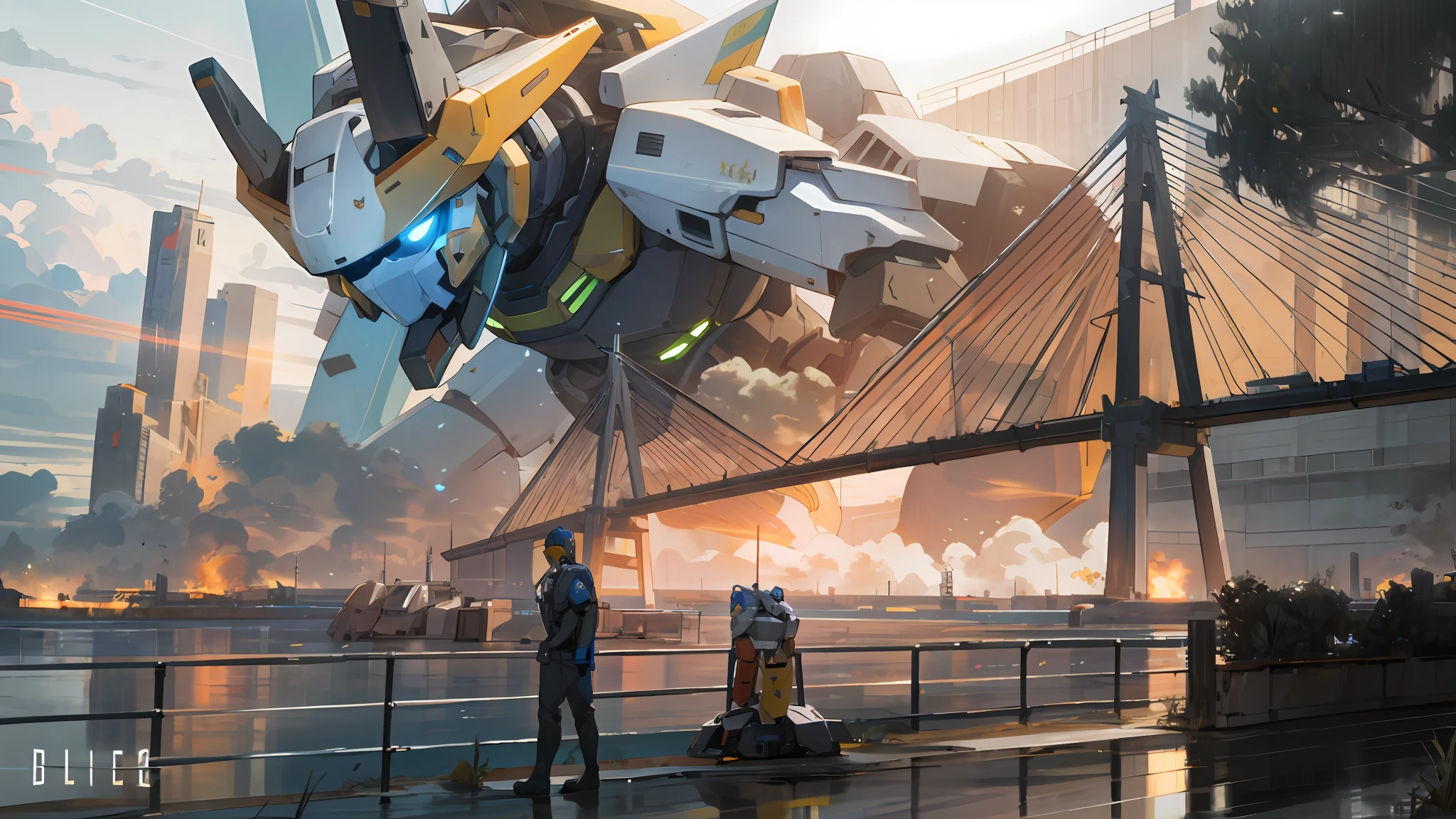 sky, cloud, holding_weapon, no_humans, glowing, , robot, building, glowing_eyes, mecha, science_fiction, city, realistic,mecha,CG Super Detail