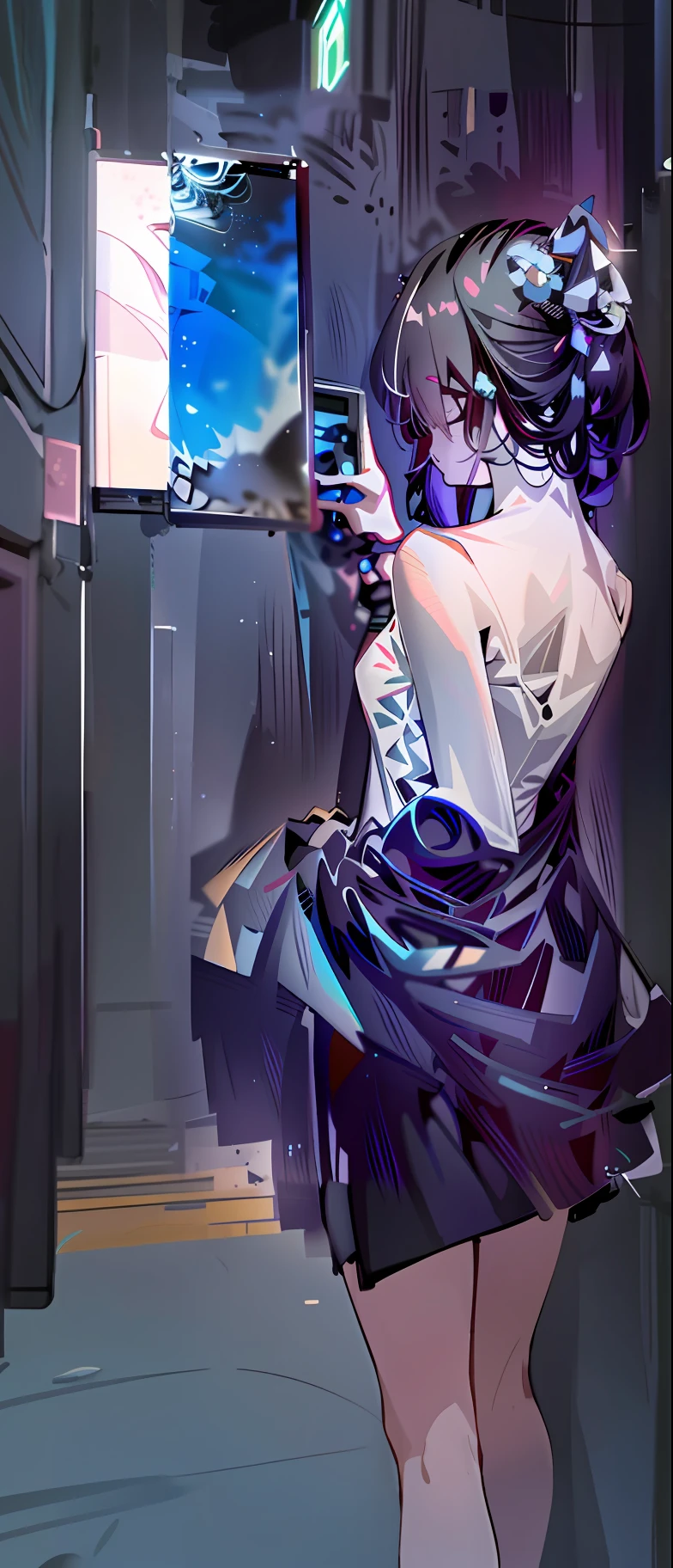 A young girl in a black and white dress is shooting an oil painting with her mobile phone, Chinese loli, showing her shoulder from back, 8K,nightcore, Digital art on Pixiv, By Yuumei, Best anime 4k konachan wallpaper, style of anime4 K, advanced digital anime art ”, Digital anime art, Digital anime illustration, anime styled digital art, Attractive pose, photo of slim girl,Turn your back towards the camera,Extreme detail,Keep the state of people and objects unchanged