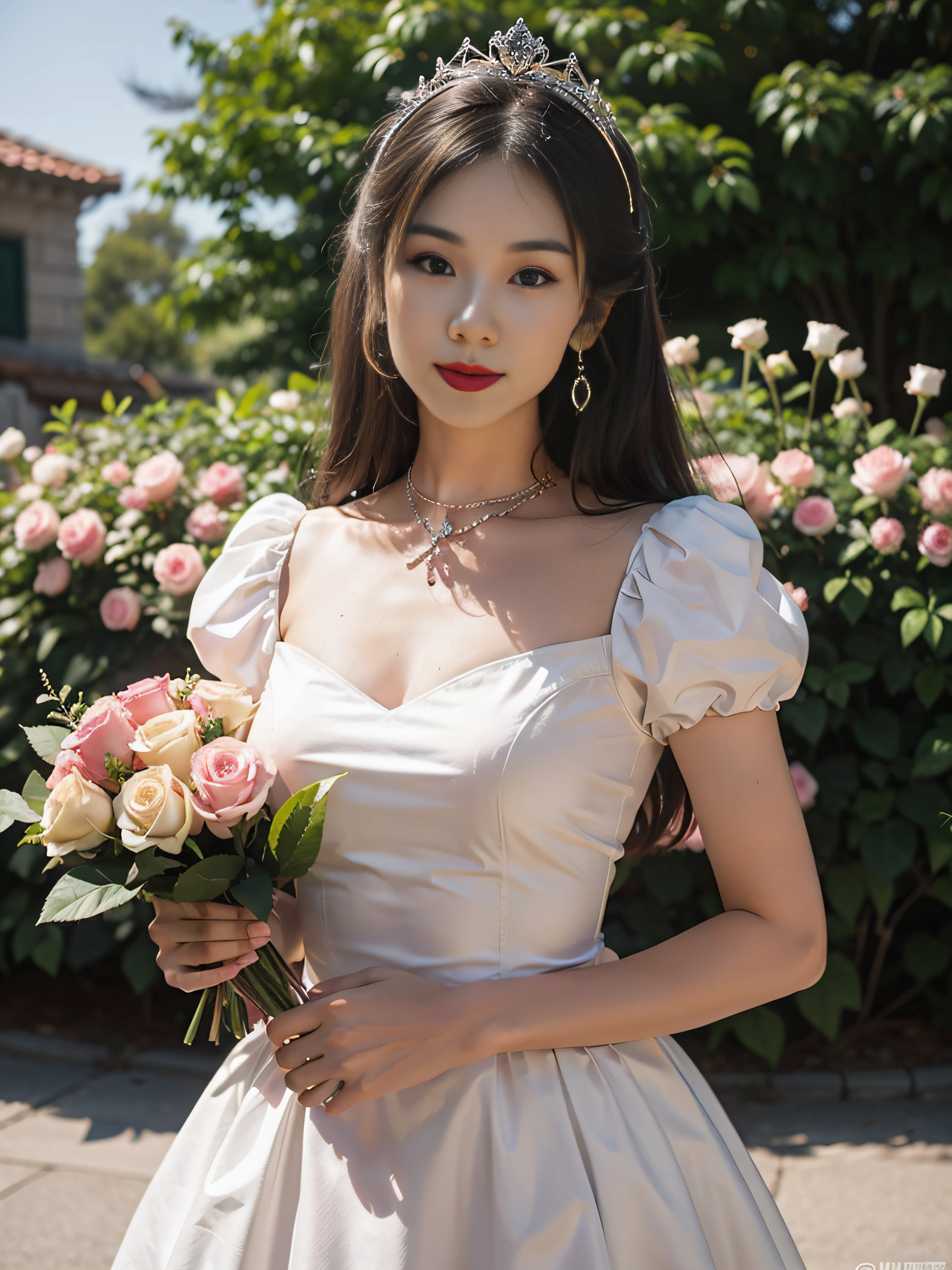 woman holding a large pink rose bouquet, wearing a black dress, tumblr, with flowers, jossi of blackpink, jinyoung shin, sun yunjoo, heonhwa choe, crown of mechanical peach roses, bouquet, cheeryblossom, realistic, HDR, highly detailed, raw photo, ambient occlusion, natural, harmonious composition, warm tones, fine art photography, romanticism, Fujicolor, 8k