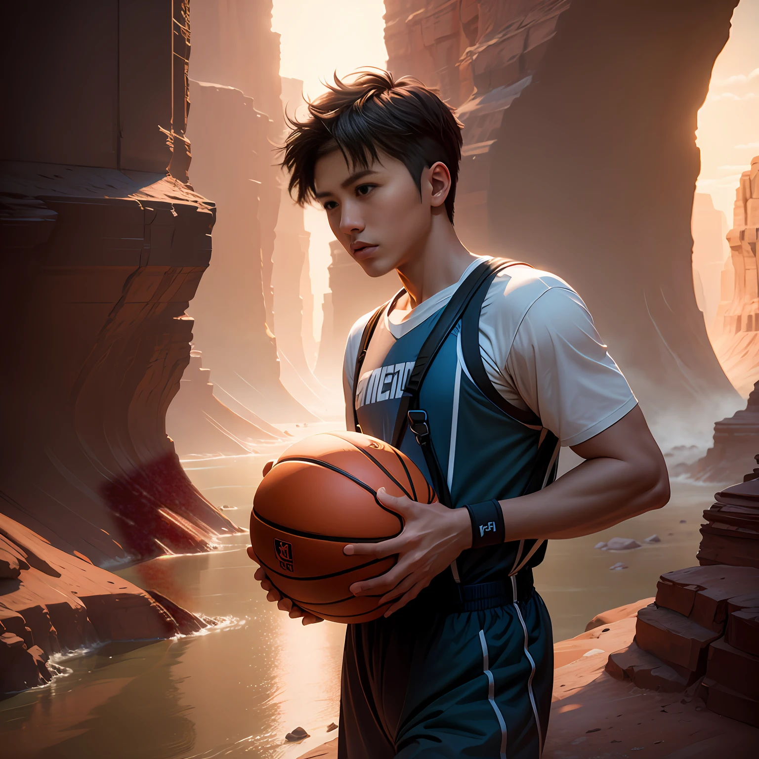 telephoto lenses,photorealisti,canyons,eventide,Suspenders,epic lighting,filmgrain,Unity rendering,Holding a basketball --auto