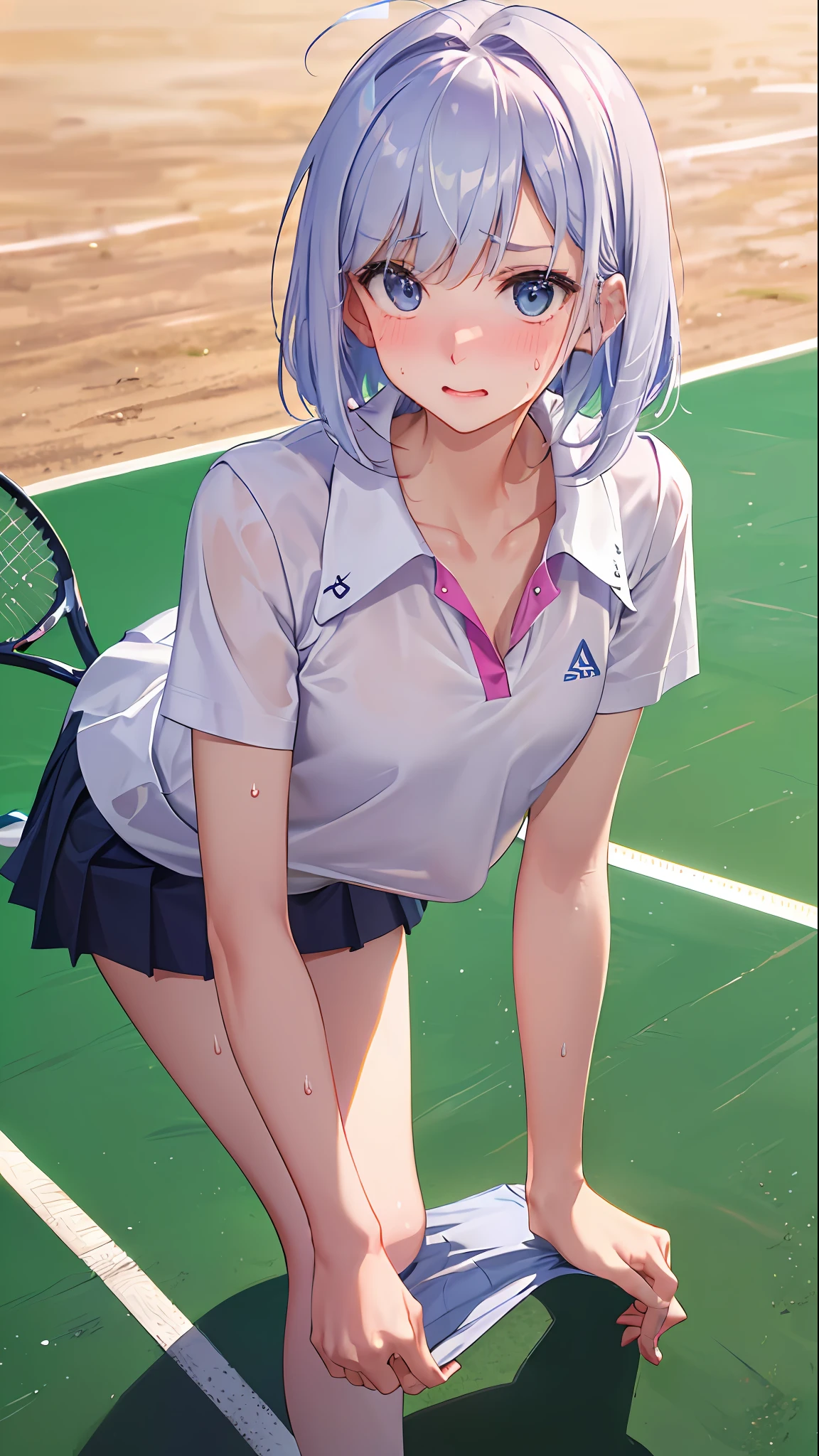 absurderes、masterpiece、top-quality、realisitic、Hyper-detailing、(skin gloss、Sweatiness:1.4)、Looking at the camera、One Woman、独奏、(Tennis Wear、White polo shirt、White sneakers、White mini skirt)、long、Short bob hair、blue eyess、(Thigh:0.5)、动态照明、hight resolution、foco nítido、depth of fields、((small tits、very slender body)),((Skirt twisted、Showing the crotch of panties、Posture on all fours)),(red blush、Embarrassed look、)