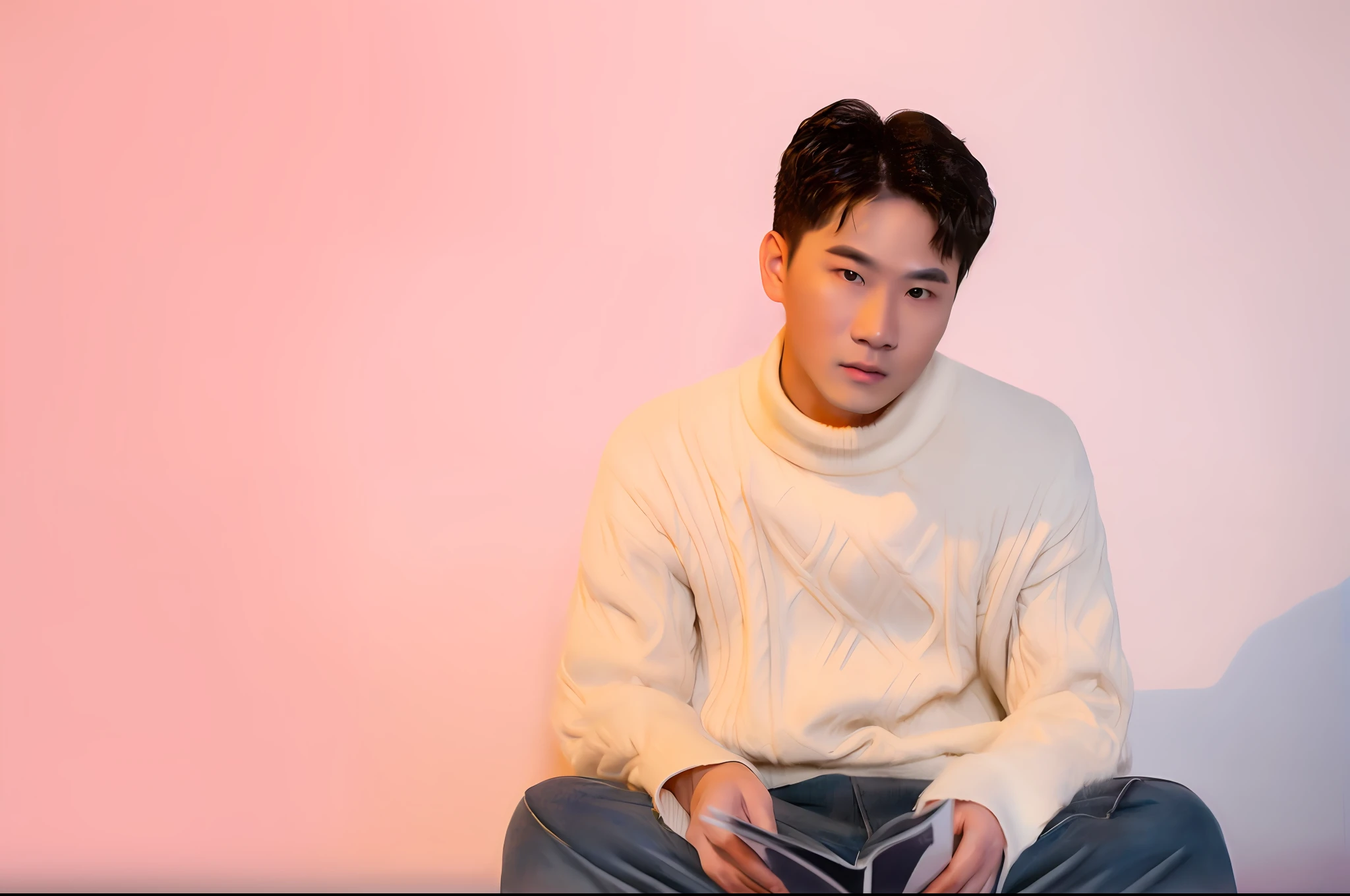 There was a man sitting on a stool holding a book, hong june hyung, hyung tae, inspired by jeonseok lee, South Korean male, korean artist, handsome chad chin, yanjun cheng, Kim Tae-joon, hyung tae kim, portrait of kpop idol, inspired by Kim Eung-hwan, Zhongyuan Zheng Lei, inspired by Russell Dongjun Lu