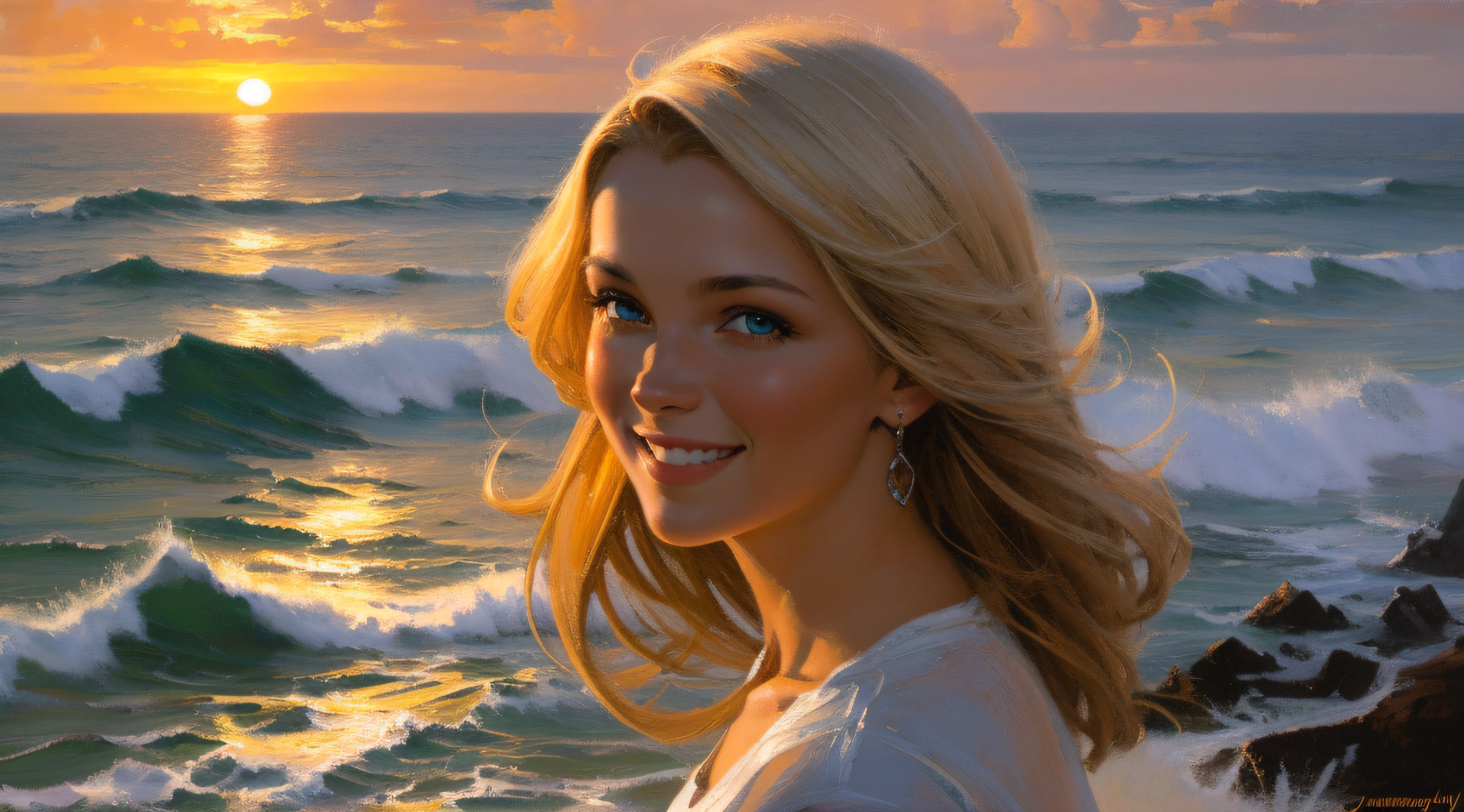 Smiling young beautiful Blonde woman, at the sea, by sunset, oil on canvas, oil painting, James Gurney, close up, smooth, hyper detailed, maximalist, wallpaper, masterpiece, 32k resolution, hyper realistic, best quality, ultra quality, Epic, cinematic, brilliant, stunning, intricate, meticulously detailed, dramatic, atmospheric, digital matte painting