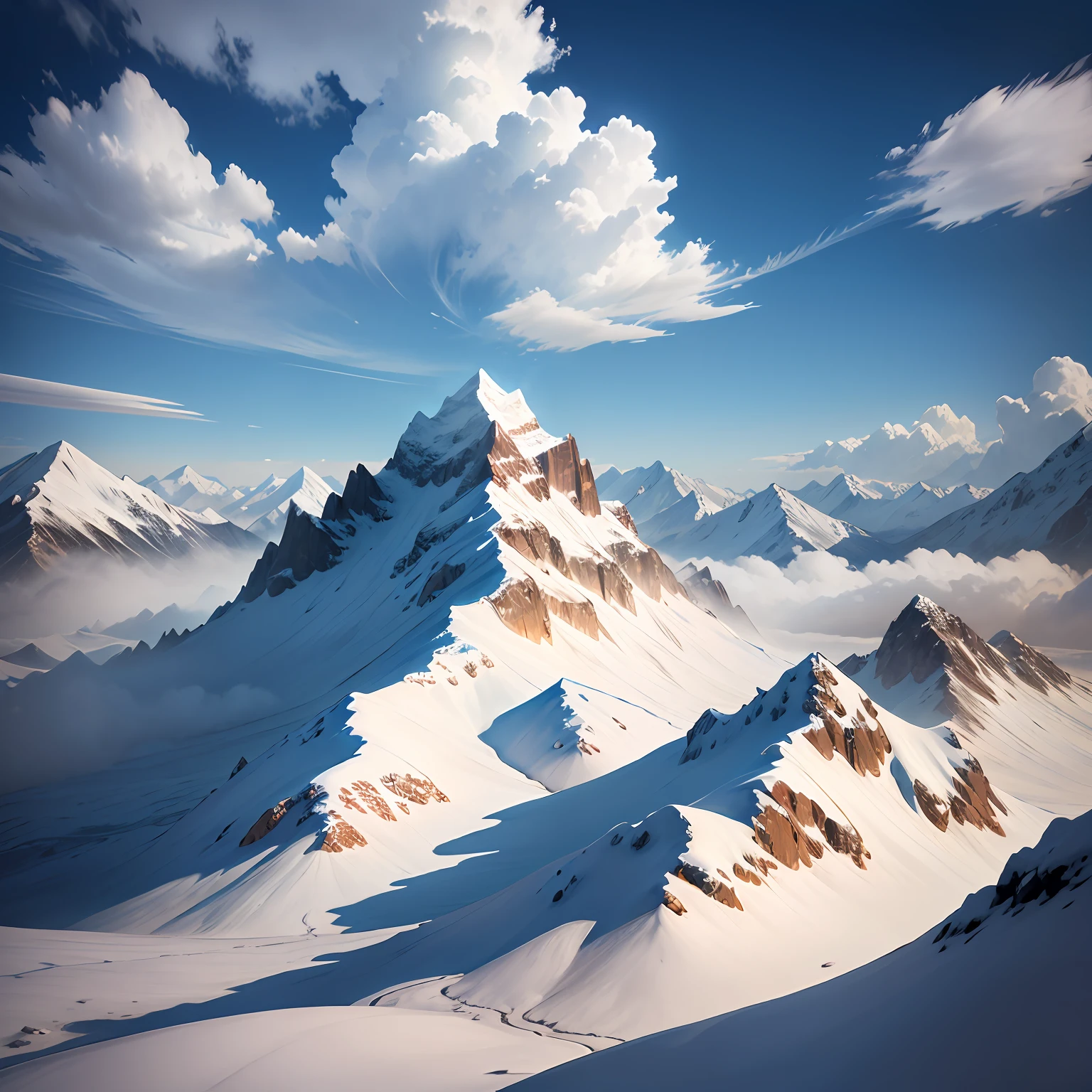 Beautiful view of Tibet, snow mountains, Fluttering Hadda, quadratic element, Background image, High-quality work, with blue sky and white clouds, rays of sunshine, high detail, UHD --auto