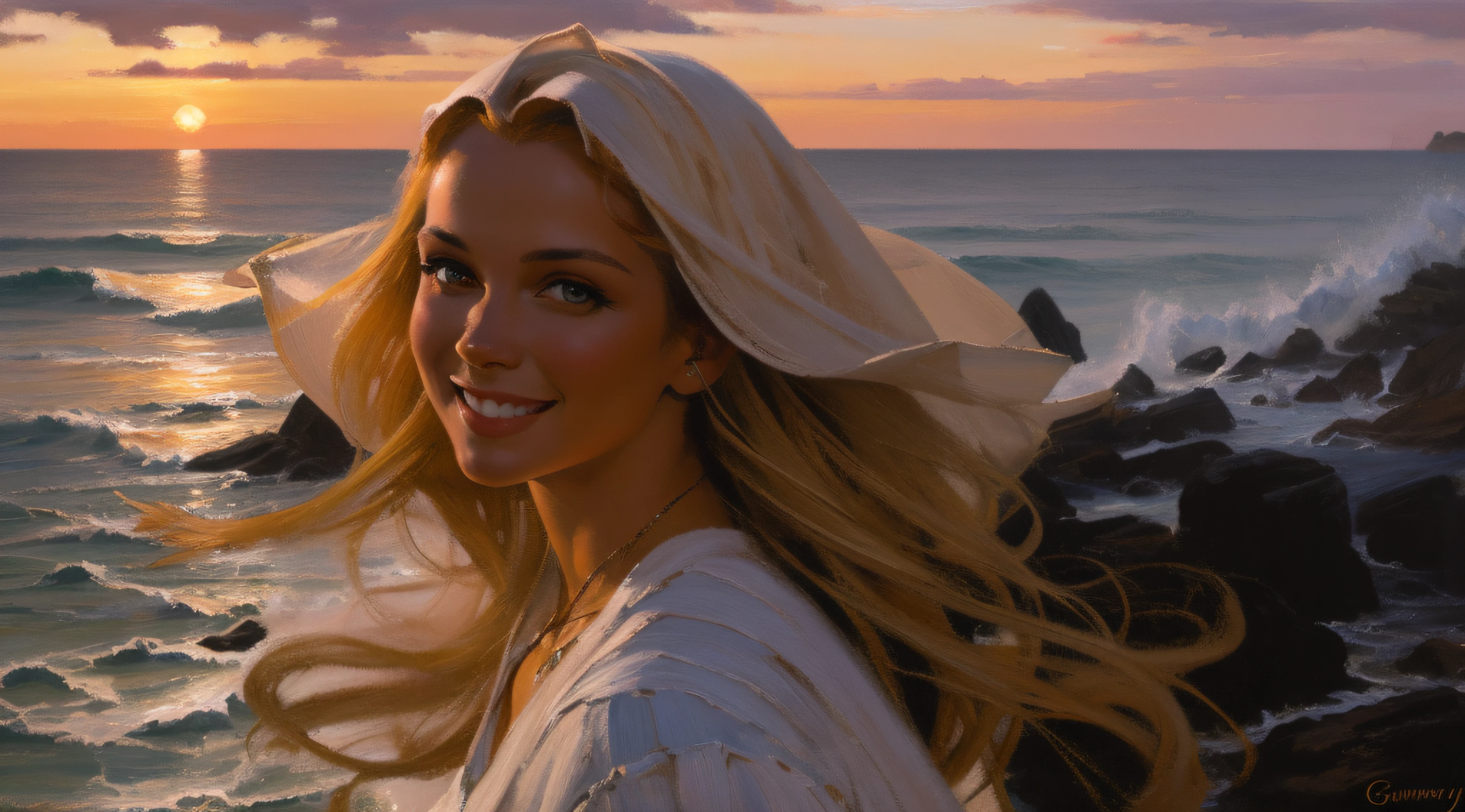 Smiling young beautiful Blonde woman, at the sea, by sunset, oil on canvas, oil painting, James Gurney, close up, smooth, hyper detailed, maximalist, wallpaper, masterpiece, 32k resolution, hyper realistic, best quality, ultra quality, Epic, cinematic, brilliant, stunning, intricate, meticulously detailed, dramatic, atmospheric, digital matte painting