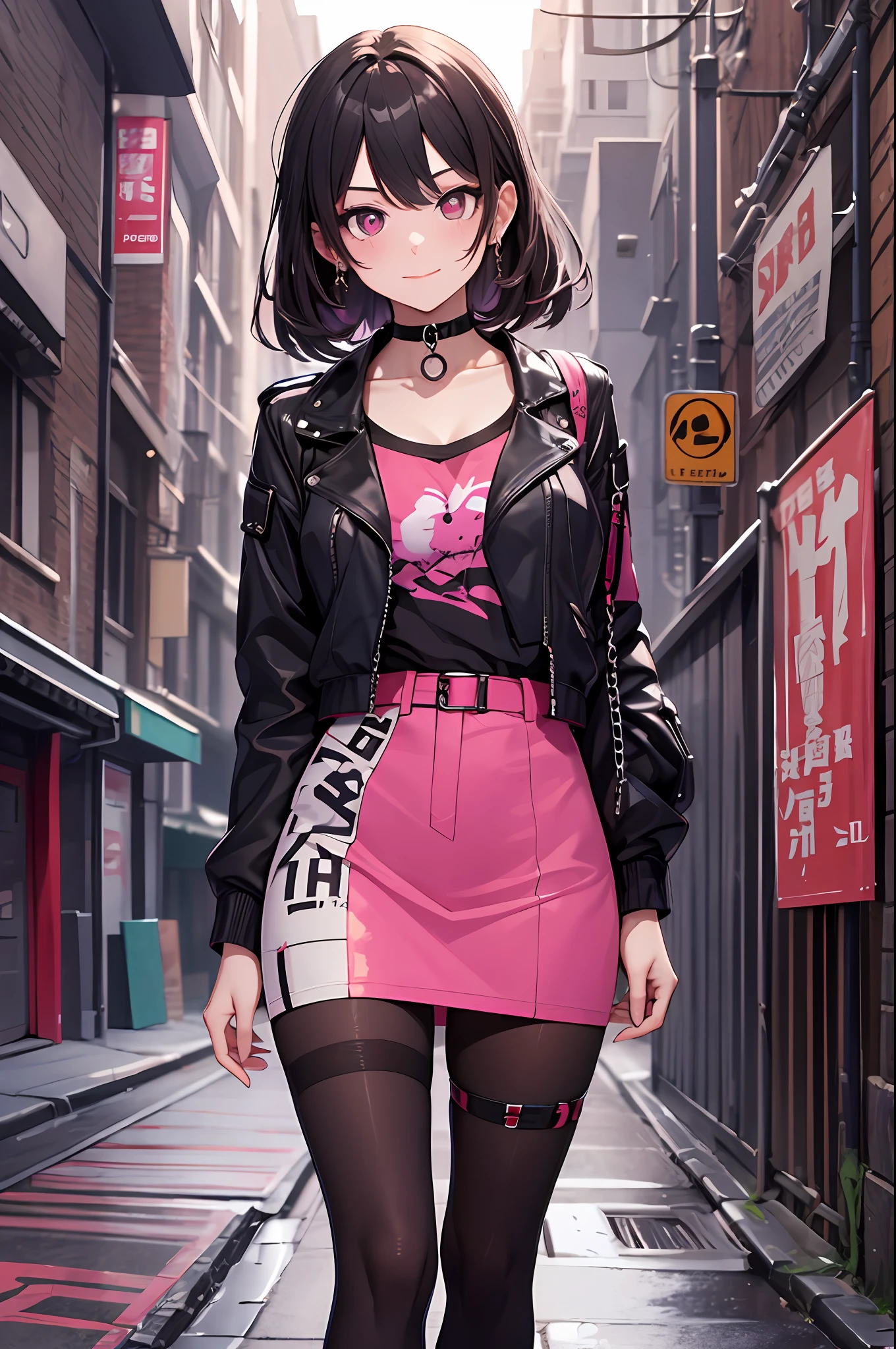 (((best qualtiy,tmasterpiece))),highly detailed,复杂,Beautiful cool avant-garde((1girll)),Solo tights,stocklings,Fuchsia pupils,choker necklace,Dystopian city alleys,Overlooking,greet,Mischievous