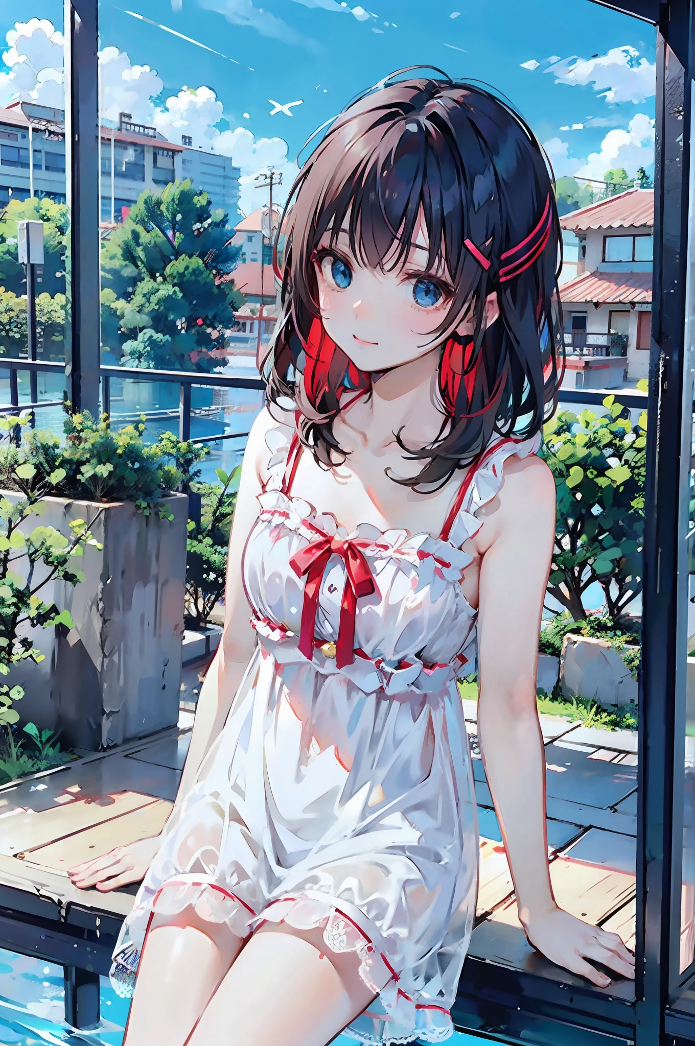 best qualtiy,超高分辨率,(真实感:1.4),Be red in the face,adolable,(详细的脸),Light smile,Look at the sky,full bodyesbian,White transparent camisole dress,Sunnyday,rios,blue-sky,