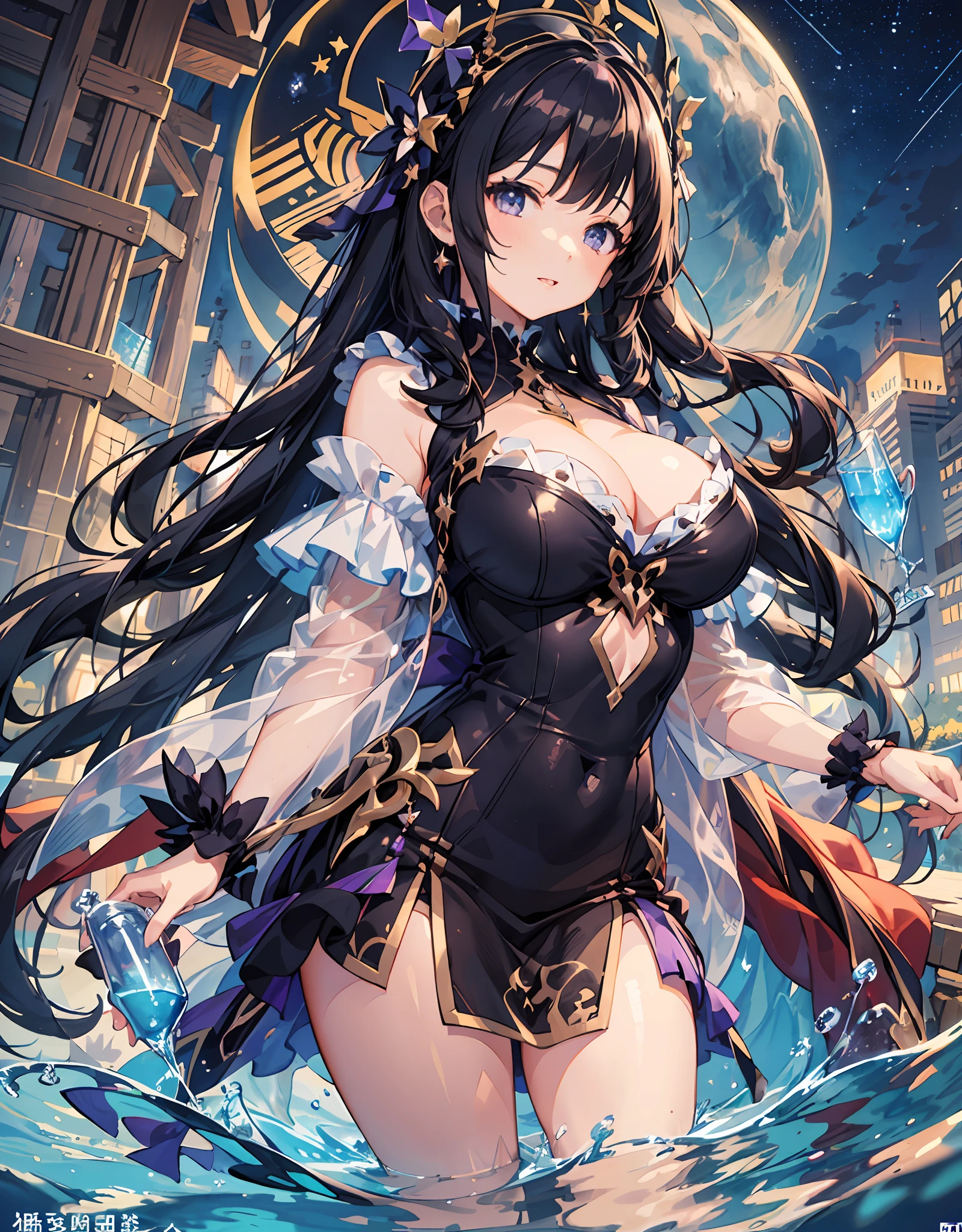 1 girl in、(((ultra-detailliert)))、(((masterpiece))、((illustratio))、Functional、Purple Dress、curvaceous woman、Long Black Hair、Huge colorful toy water gun in hand、Huge entrance cloud、starry eyes like the night sky