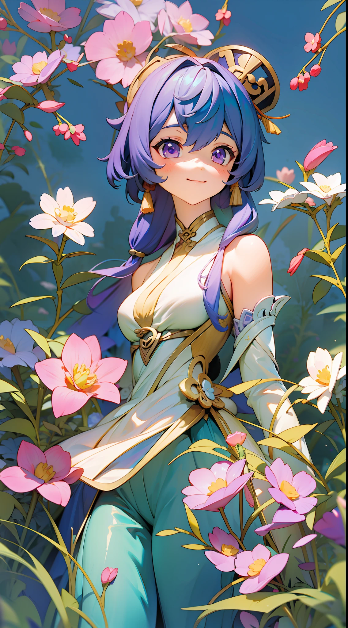 Gan Yu's influence on Genshin,Solid pink premium comic background，Slim figure，ssmile，Purple shawl，A sea of flowers，Above the sky，Comic cover style