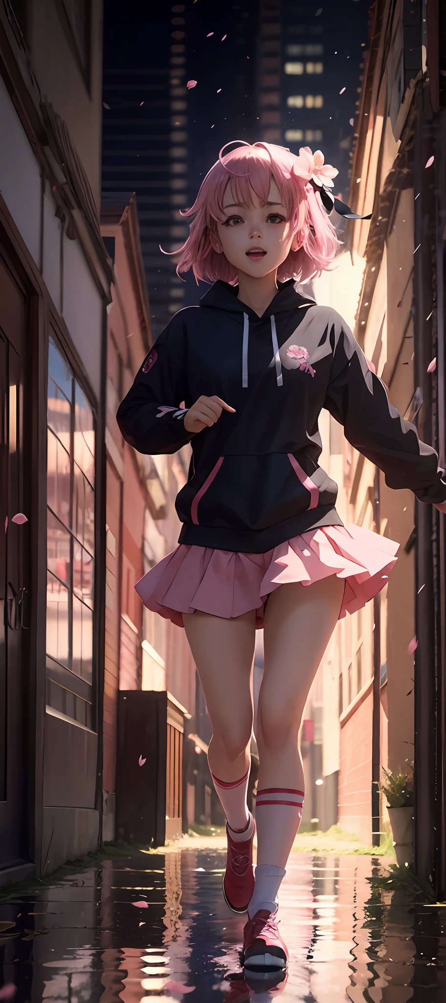 Black hair, walking fast, Pink hair, bangs, Hair ribbon, eyes reflection, ,delight, Motion blur, Anime style, 8K, Super detail, Masterpiece,sakura flowers falling