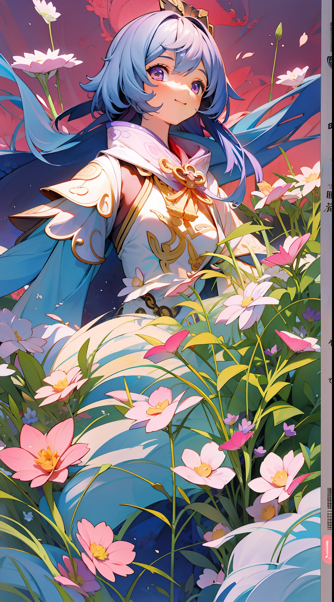 Gan Yu's influence on Genshin,Solid pink premium comic background，Slim figure，ssmile，Purple shawl，A sea of flowers，Above the sky，Comic cover style