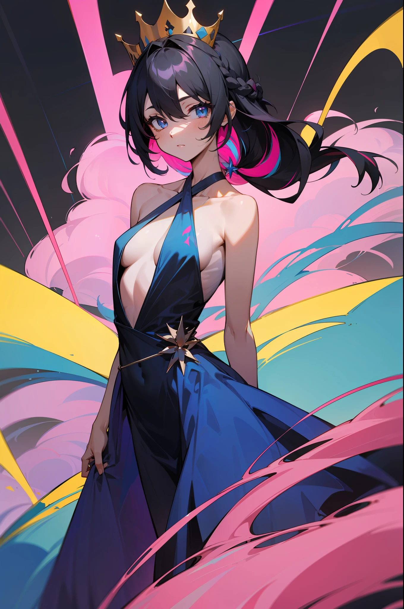 (medium full shot, looking at viewer:1.3), rainbow color combinations, masterpiece, 8k wallpaper, absurdres, best quality, dynamic angle, cinematic lighting, 1girl, (small breasts), cute, delicate, (black hair, pink streaks:1.3), (halter dress, sky blue dress:1.32), long hair, hair between eyes, sidelocks, crown braid, diadem, show shoulders, extremely reflective eyes, (extremely plain background, solid color background, yellow background:1.1)