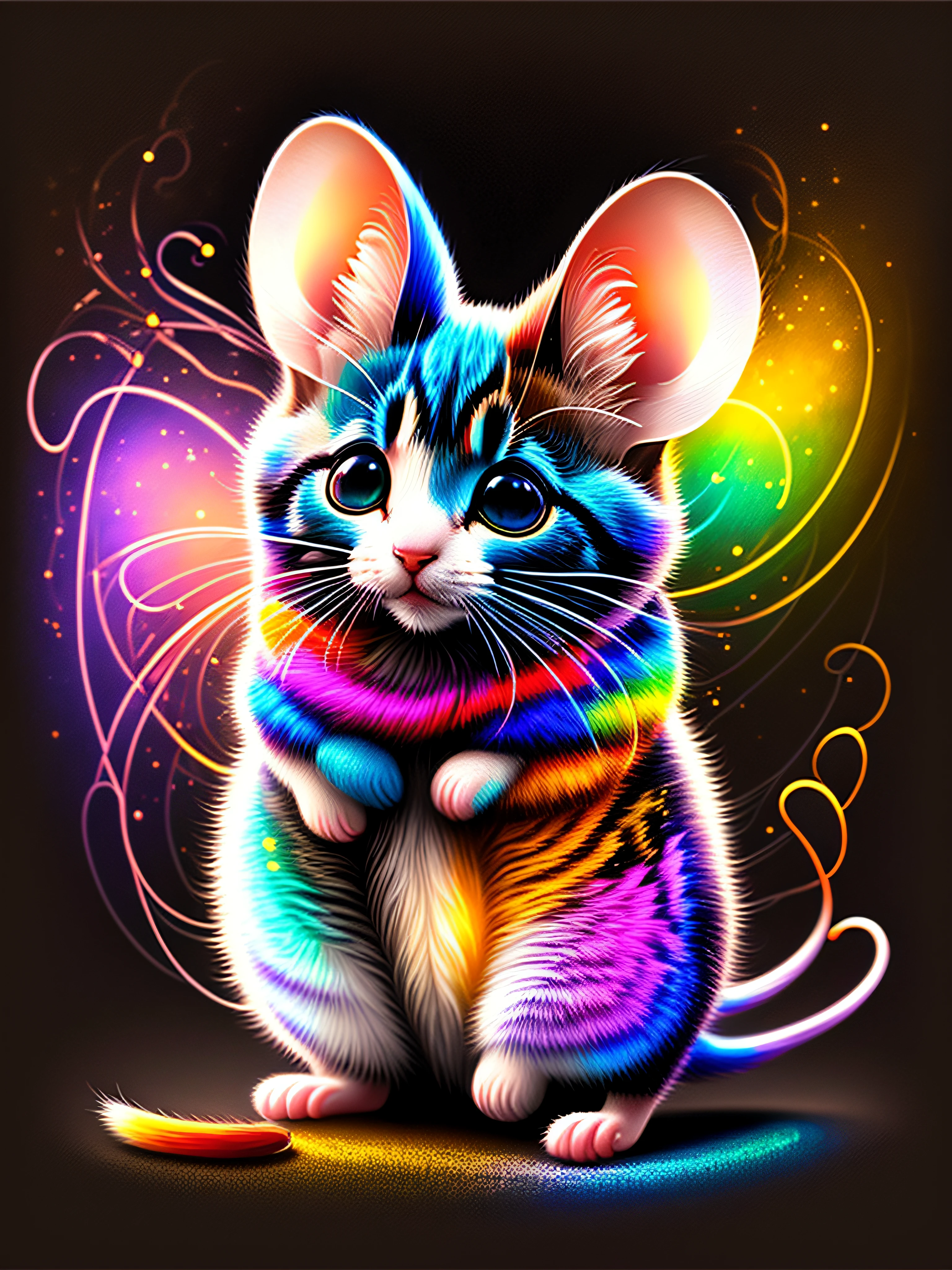 A painting of a colored mouse on a black background,, breathtaking rendering, dans une connexion rayonnante, inspired by Kinuko Y. Craft,, Magical elements, Kitten icon, wow, est magnifique, lancer un sort multicolore, flash lumineux, flash
