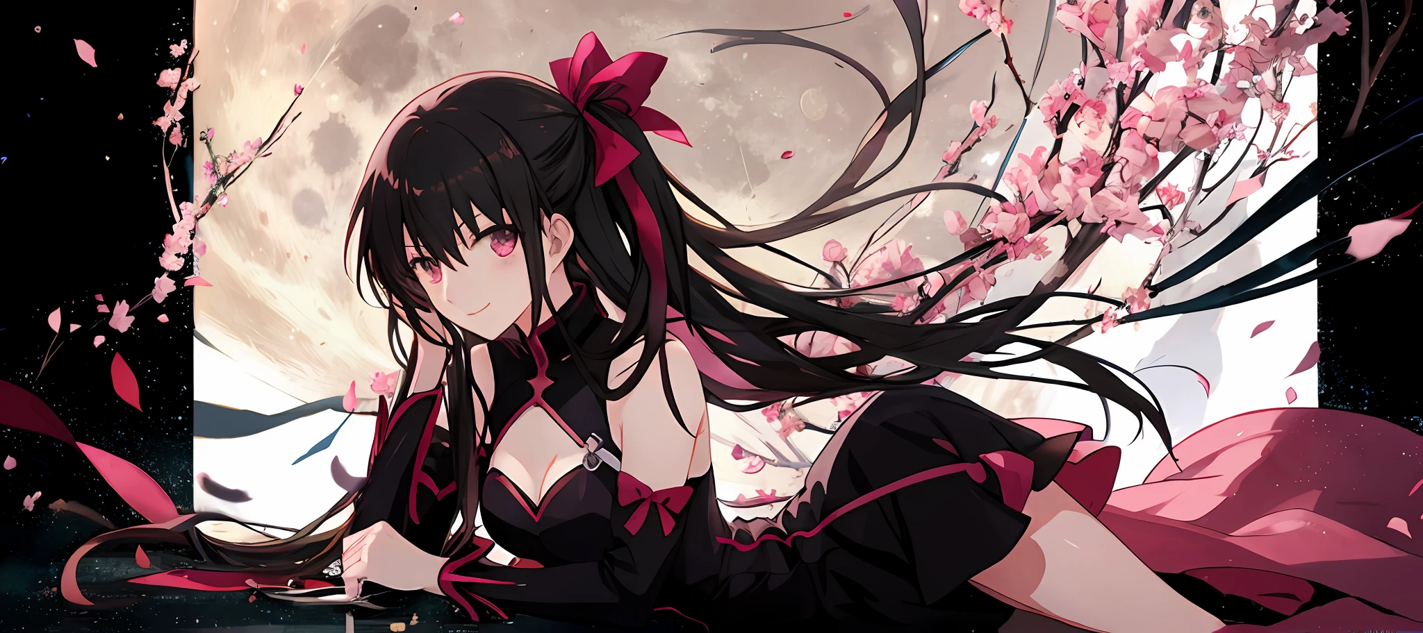 Anime girl wearing pink and white dress,Long black hair and pink bow, contortion, anime style like fate/stay night, Detailed cover artwork,themoon,high qulity,Natural expression,delicated,Pure,ssmile
