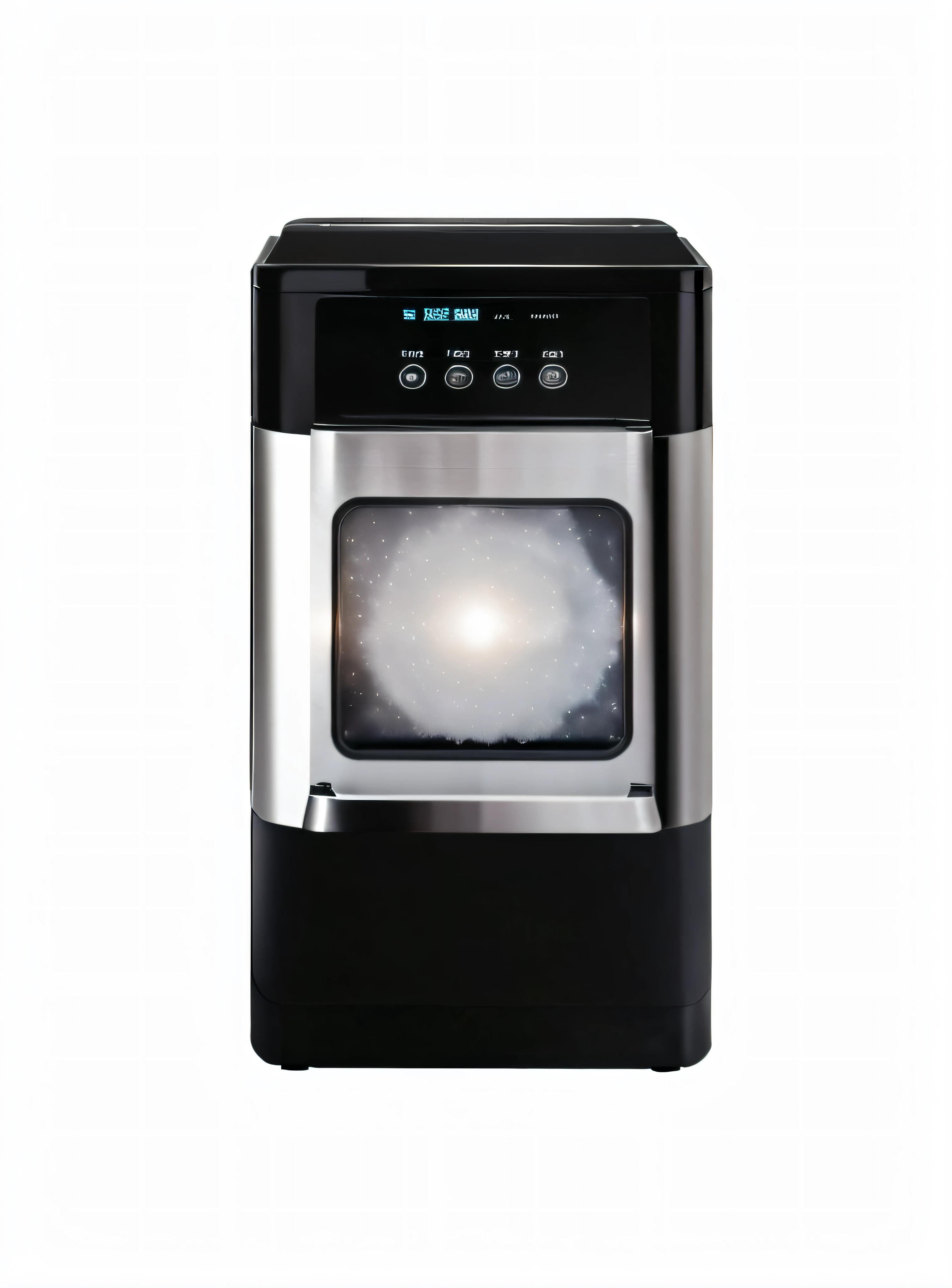 Close-up of white light in black and silver oven, freezing, product introduction photos, on black background, (Snow), elder, a wide full shot, top angle view, three fourths view, Full front view, product design shot, Dry Ice, front view dramatic, 1/2 Professional fog filter, professionally post-processed, professionally post - processed