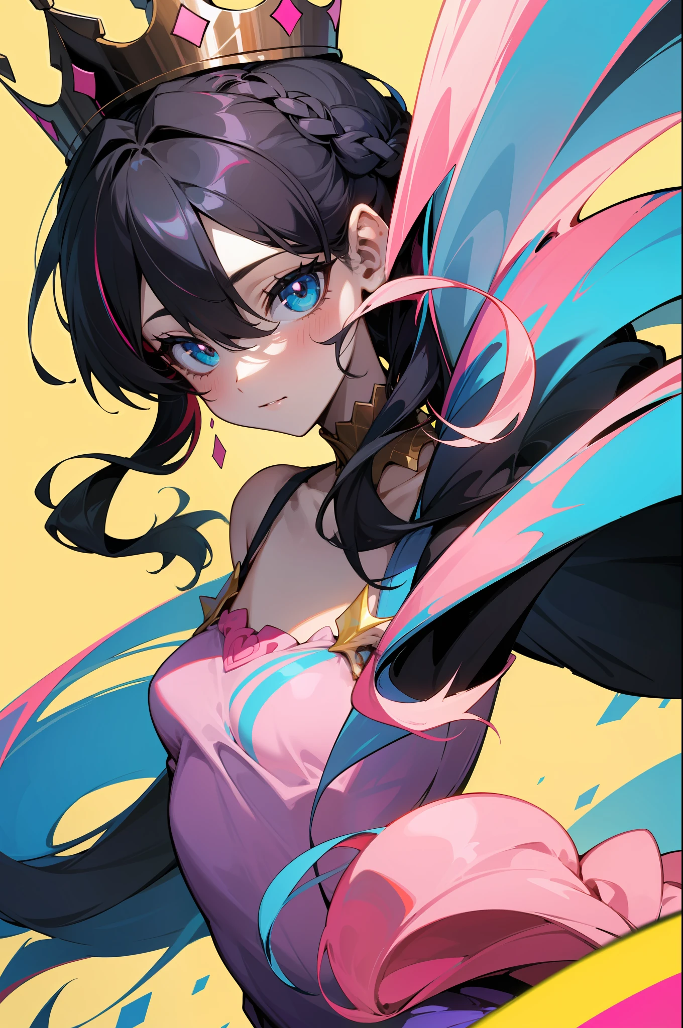 (portrait, looking at viewer:1.3), rainbow color combinations, masterpiece, 8k wallpaper, absurdres, best quality, dynamic angle, cinematic lighting, 1girl, (small breasts), cute, delicate, (black hair, pink streaks:1.3), (sky blue dress:1.3), long hair, hair between eyes, sidelocks, crown braid, diadem, show shoulders, extremely reflective eyes, (extremely plain background, solid color background, yellow background:1.2)
